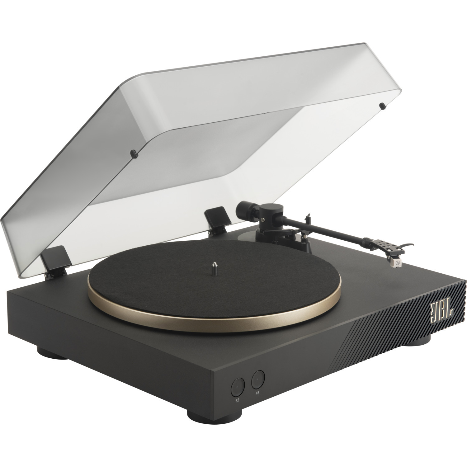 Zwarte JBL platenspeler met een goudkleurige draaitafel. De stofkap is open.
