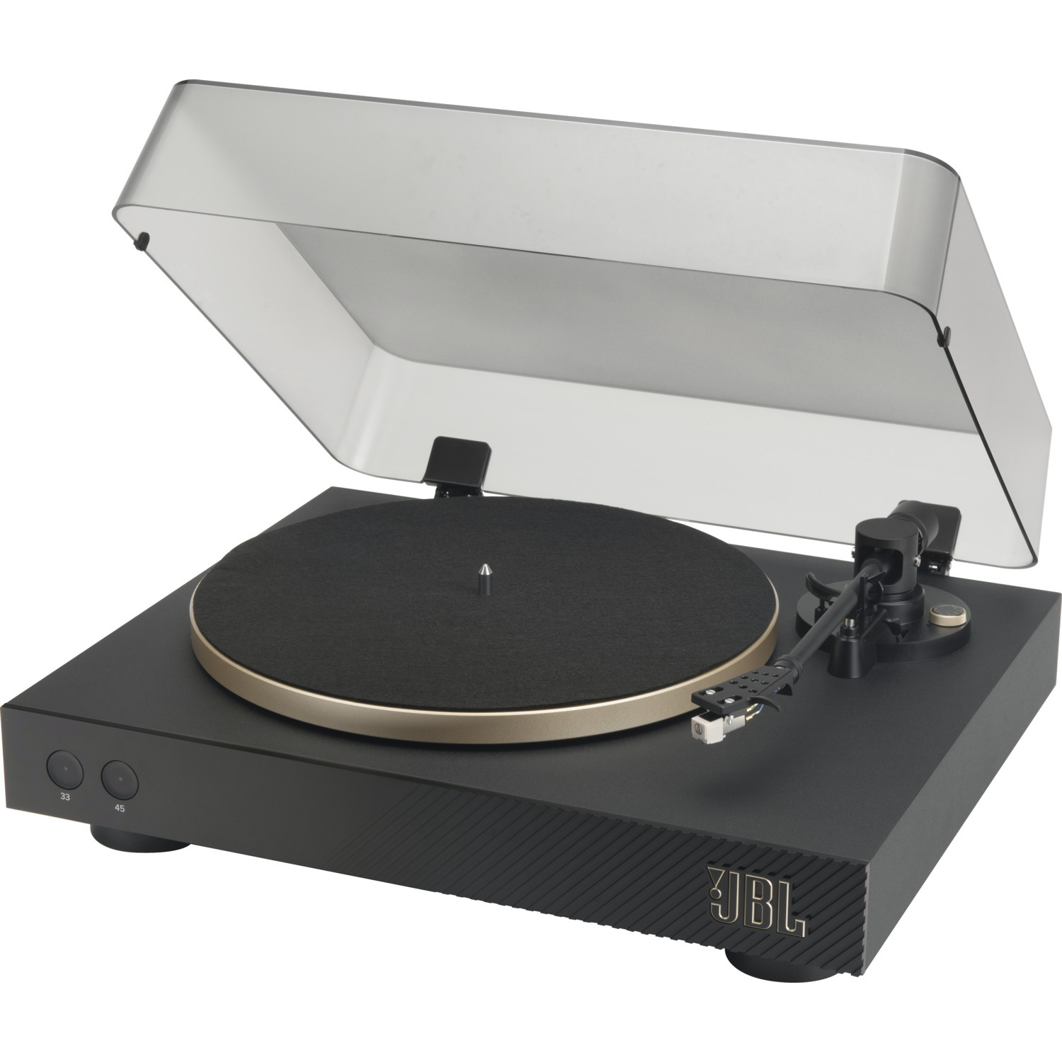 Een zwarte JBL platenspeler met een transparante deksel.