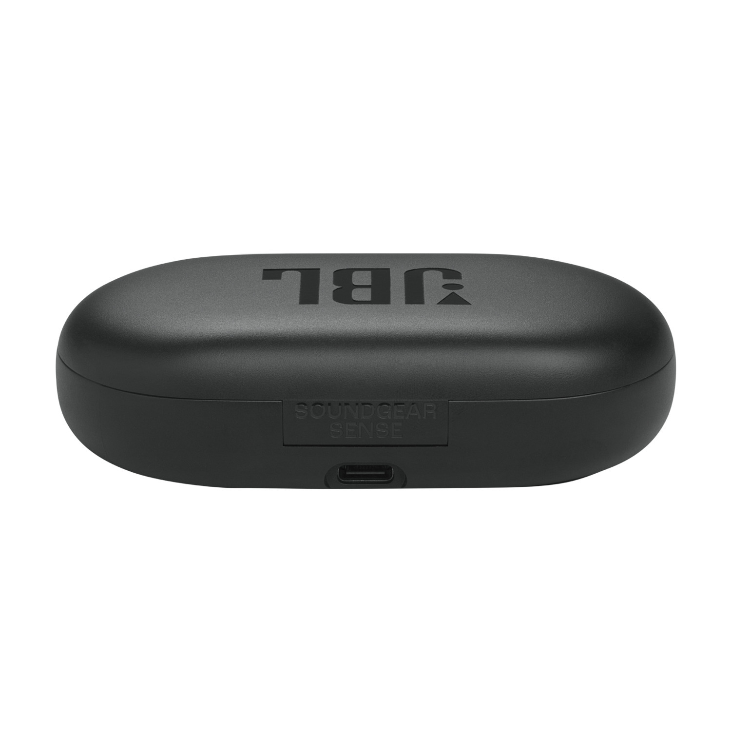 Étui de chargement pour écouteurs JBL noir. Logo JBL sur le dessus, texte Soundgear Sense sur le devant.
