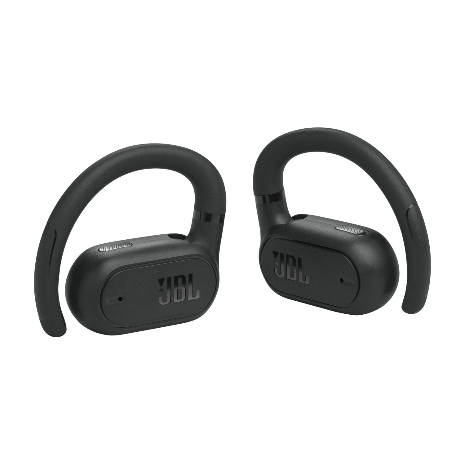 Écouteurs sans fil JBL noirs avec crochets d'oreille. Ils sont affichés sur un fond blanc. Logo JBL visible.