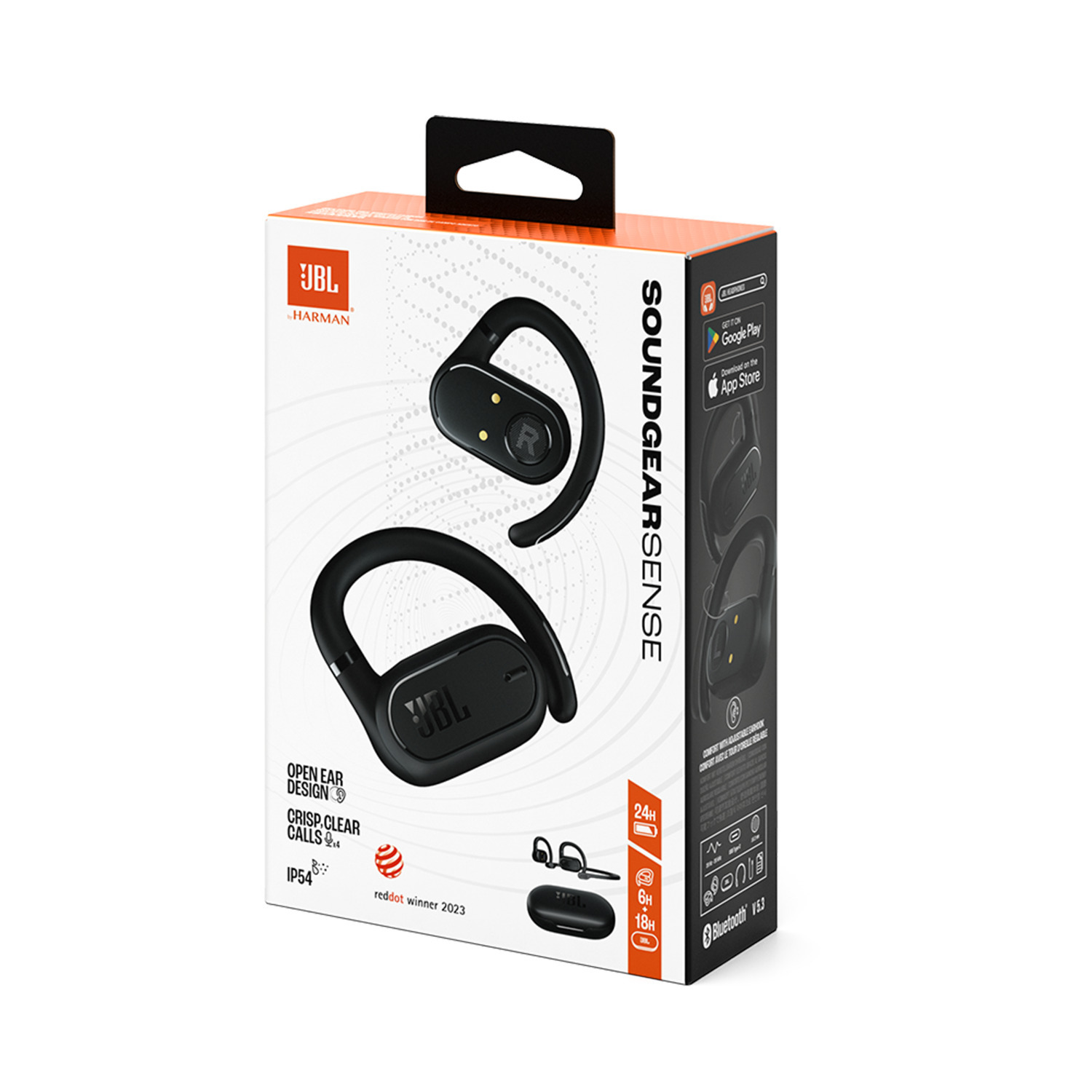 Écouteurs JBL Soundgear Sense dans une boîte. Écouteurs noirs et étui.