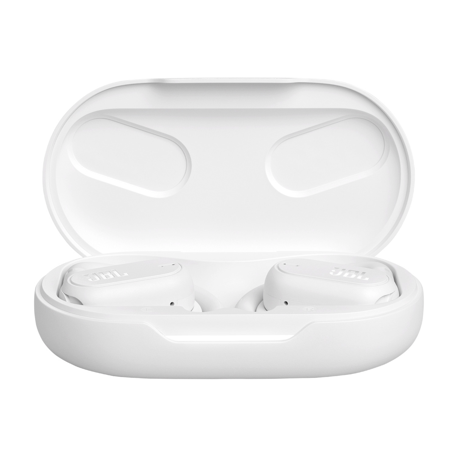 Écouteurs blancs dans un étui ouvert, avec le logo JBL.