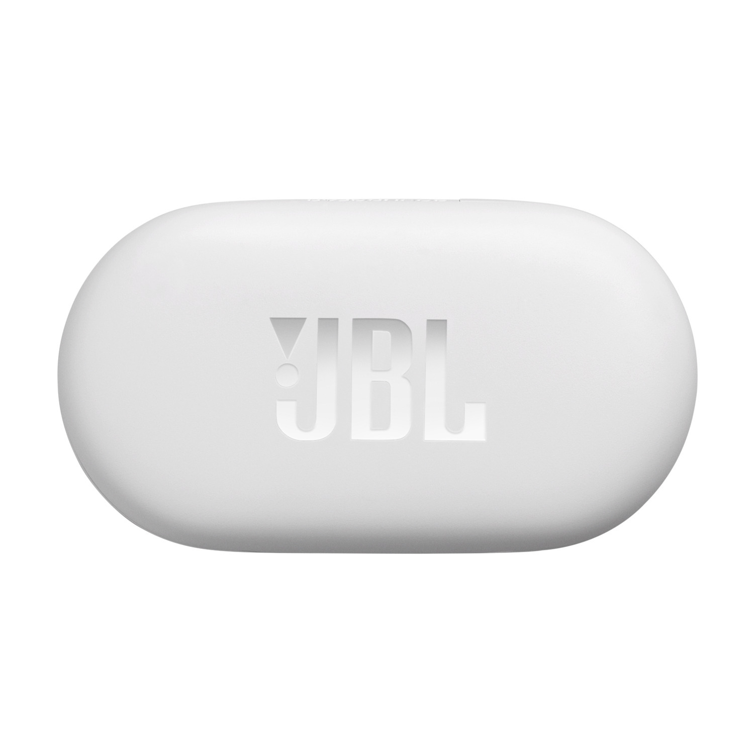 Étui de chargement JBL blanc avec le logo JBL au centre. L'étui est de forme ovale.