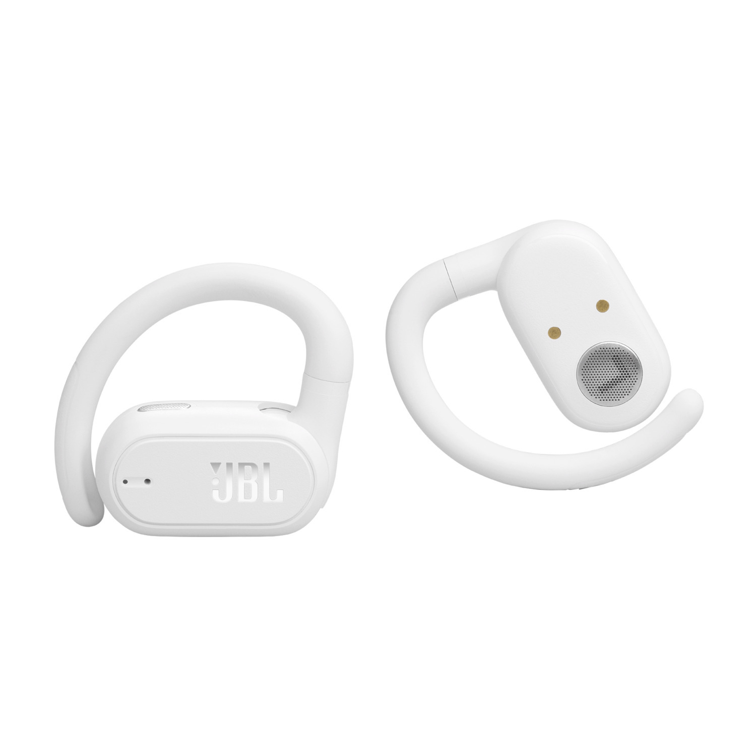 Deux écouteurs blancs JBL avec crochets d'oreille, sur fond blanc.