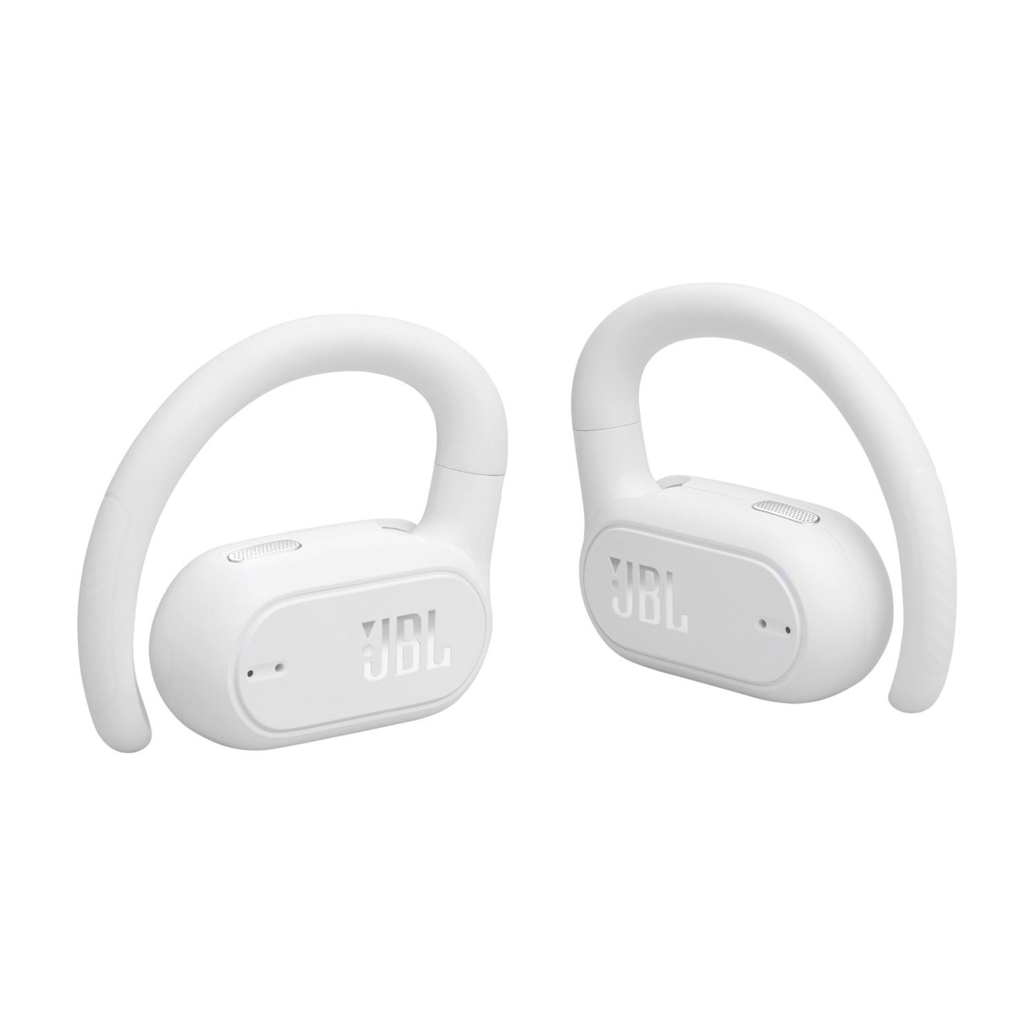 Deux écouteurs JBL blancs, inclinés, avec le nom de la marque affiché.