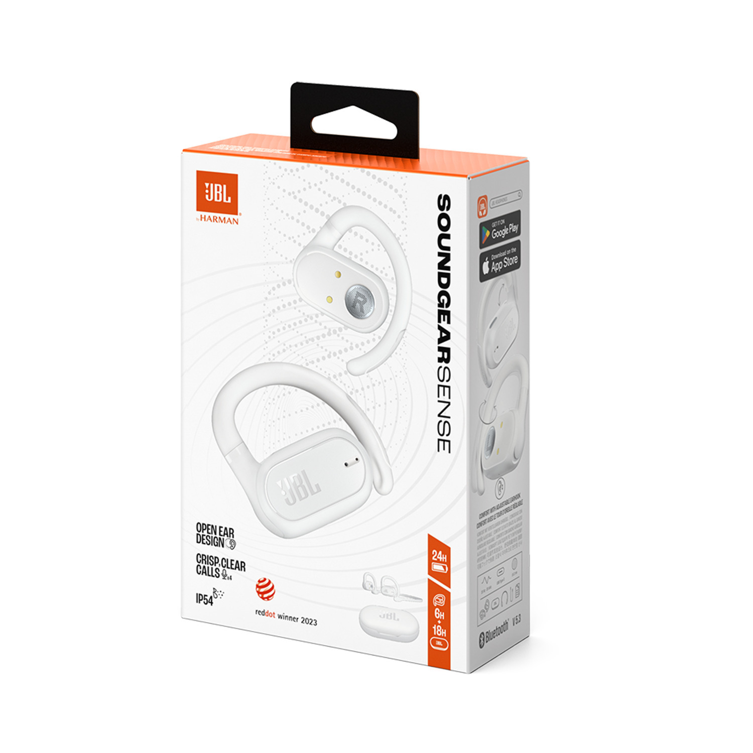 Boîte d'écouteurs JBL Soundgear Sense blancs. Comprend l'image des écouteurs et les icônes d'application.