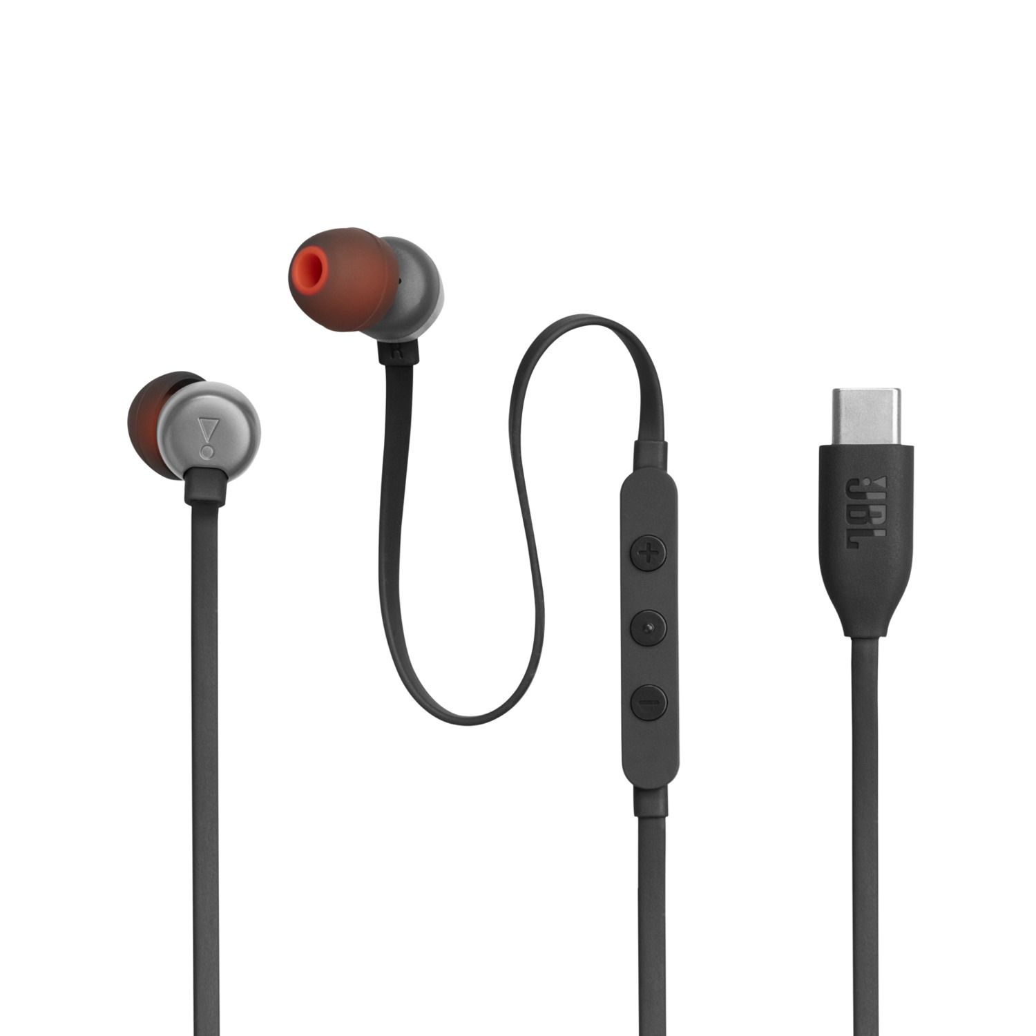 Zwarte JBL oordopjes met een zwart bedieningsmodule. De oordopjes hebben een rode accent. Een USB-C connector is aanwezig.