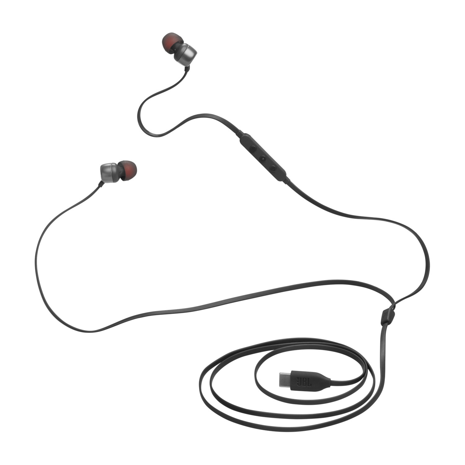 Zwarte JBL oortelefoons met rode oortips, verbonden met een kabel met een USB-C-connector.