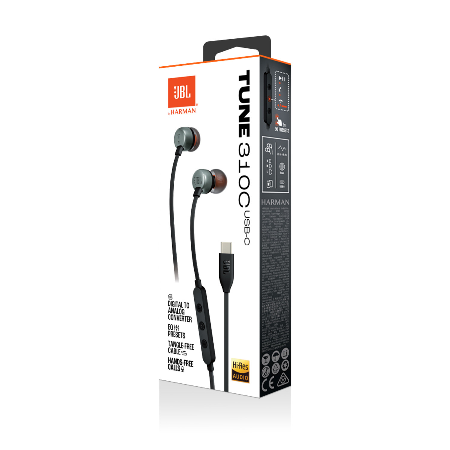 JBL Tune 310C oortjes doos. Oortjes zijn zwart en grijs. USB-C kabel.