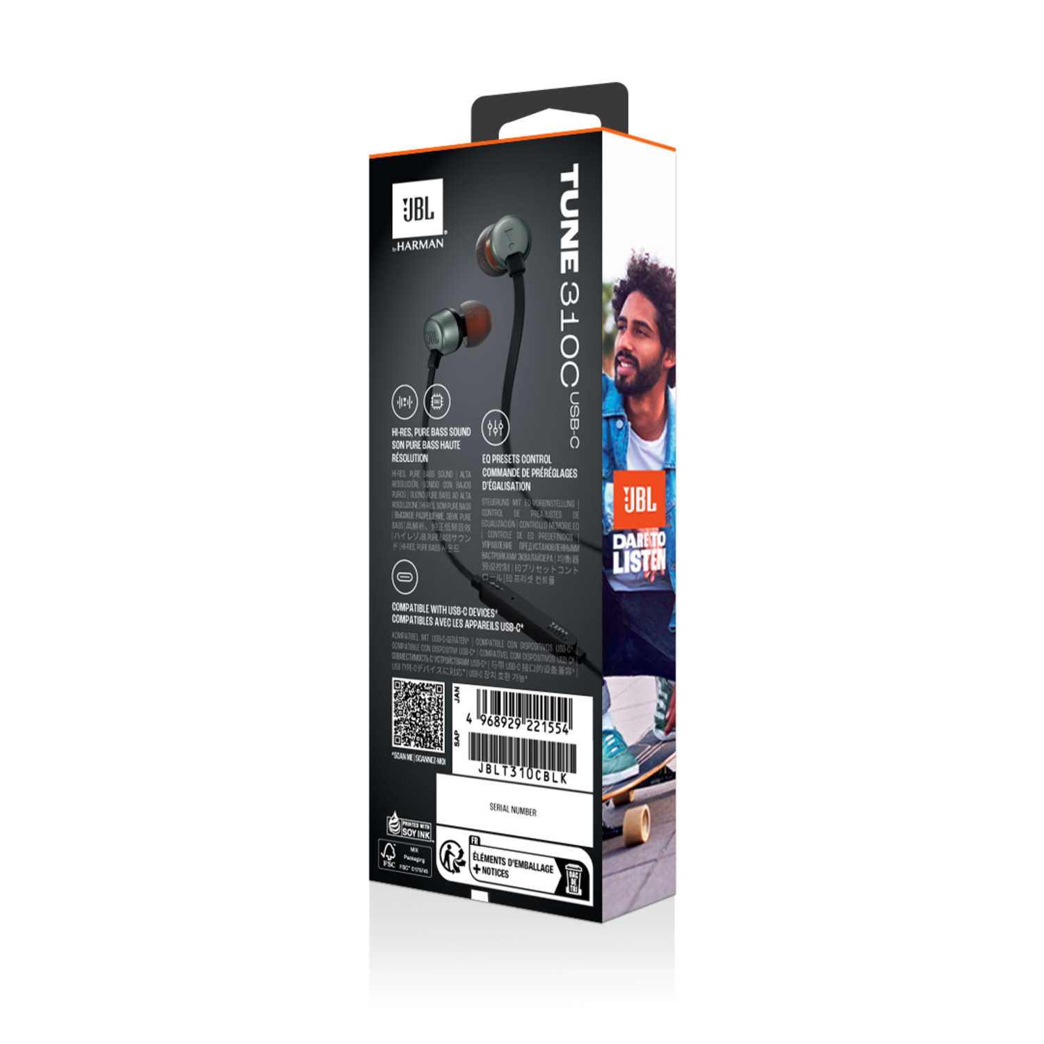 JBL Tune 110C USB-C koptelefoonbox, toont een man, koptelefoon en productinformatie.