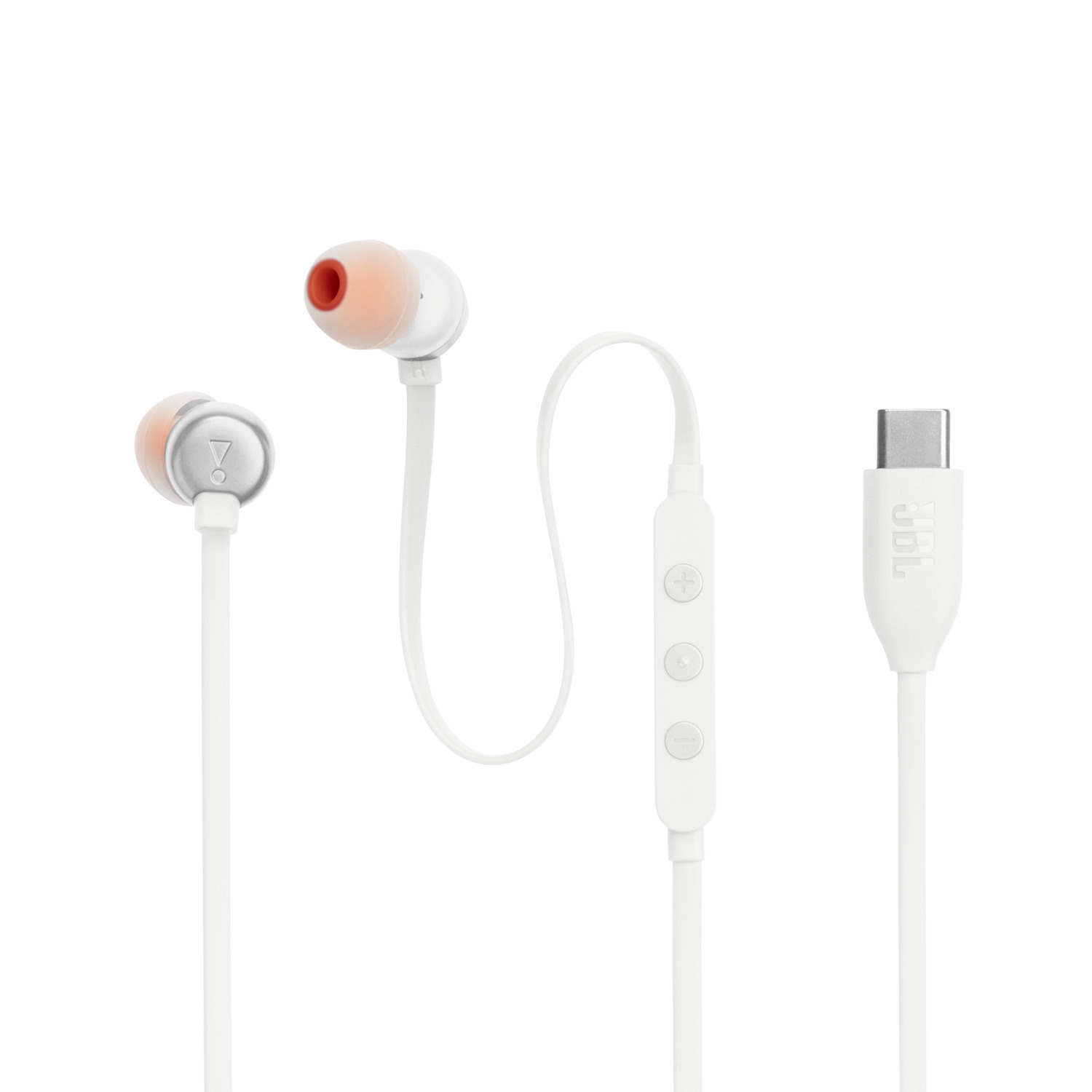 Witte oortelefoons met oranje uiteinden en een witte oplaadkabel.