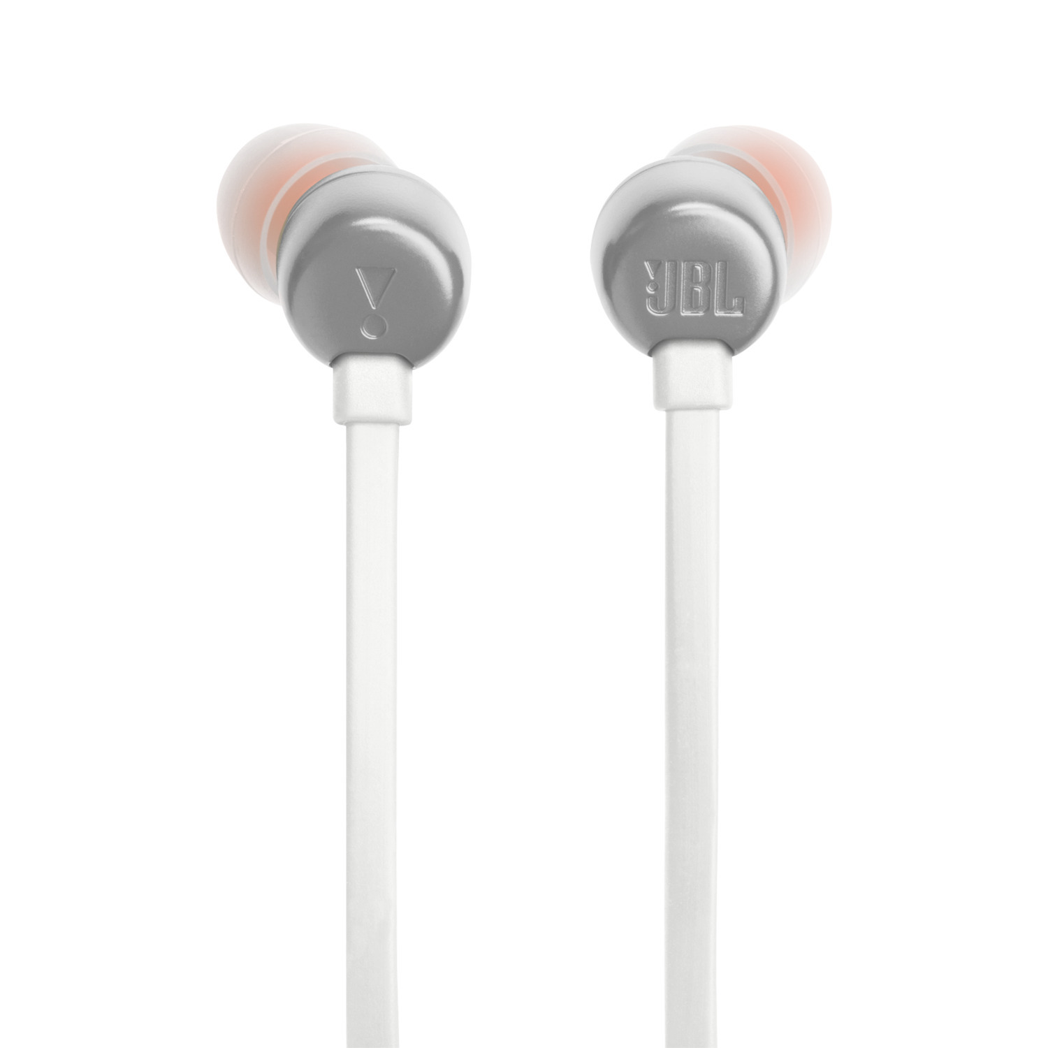 Twee witte en grijze JBL-oortelefoons met oranje oortips op een witte achtergrond. Het JBL-logo is zichtbaar.