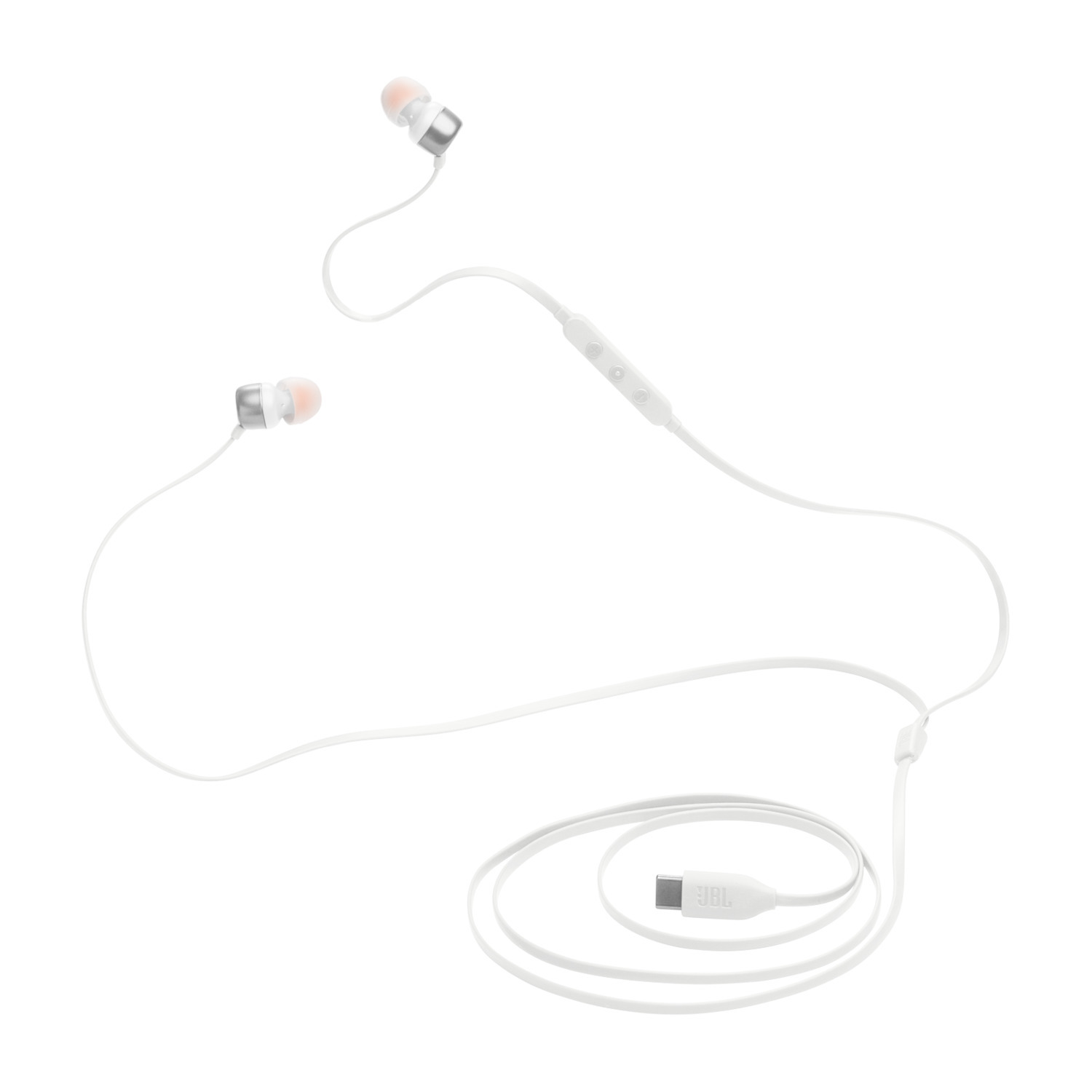 Witte bedrade oortelefoons met oranje oortips en een USB-C connector.