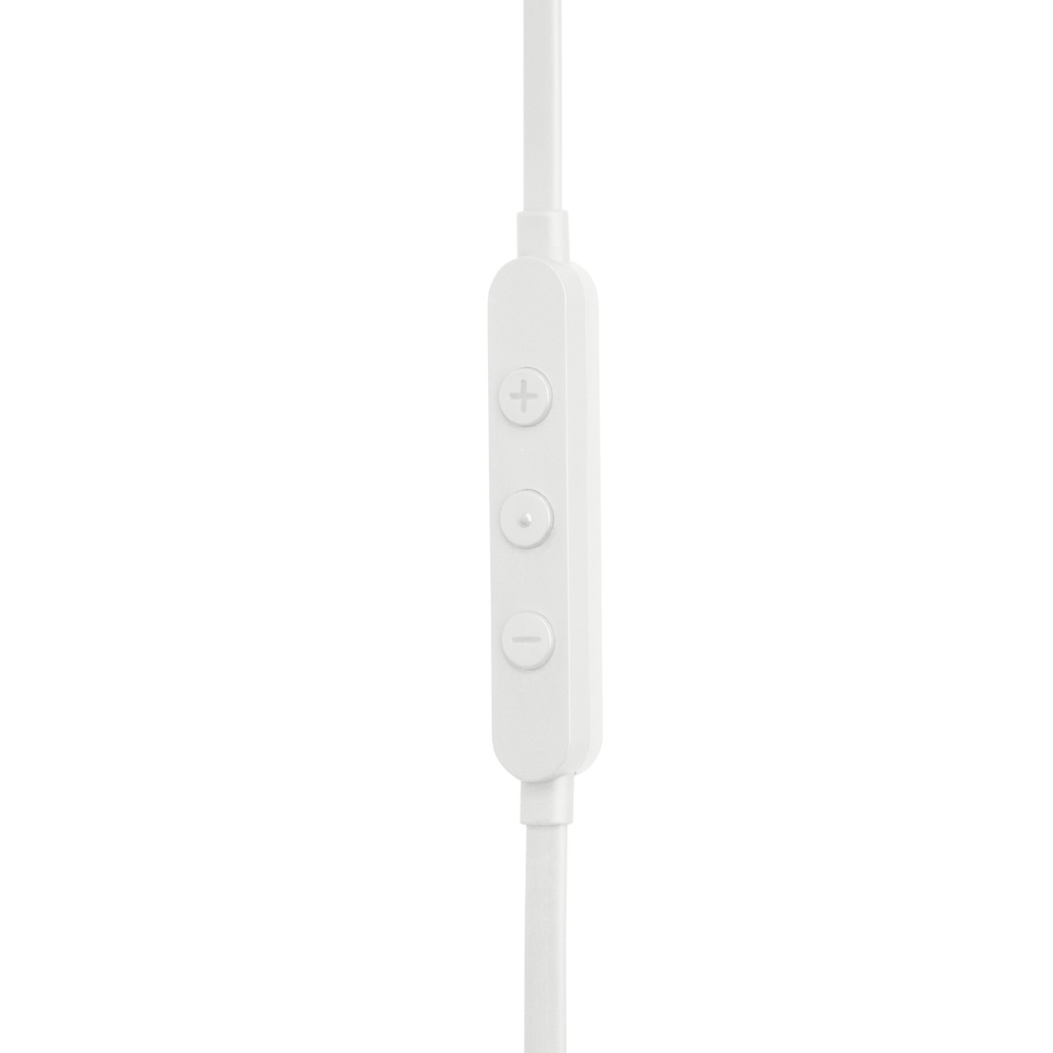 Witte knoppen voor hoofdtelefoonbediening op een witte kabel.