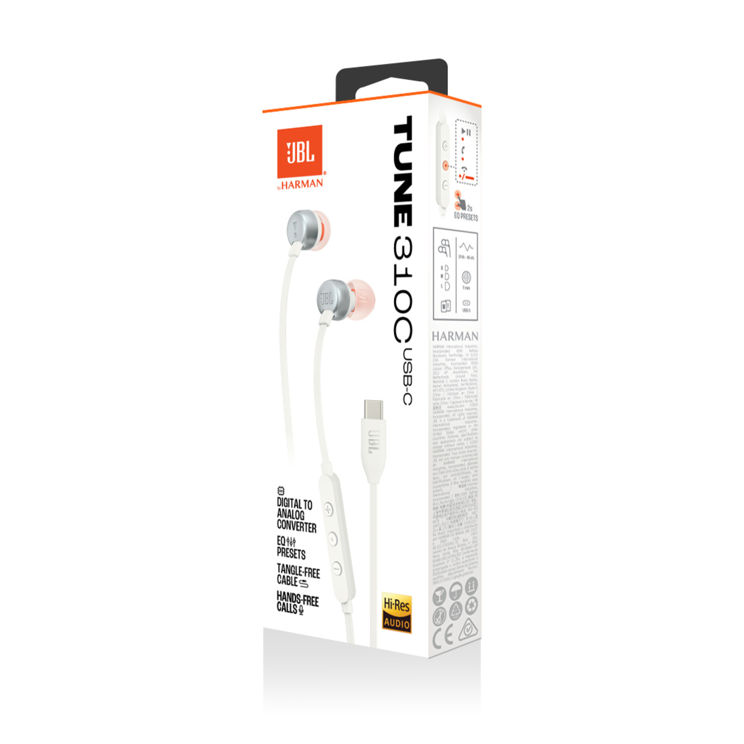 Oortelefoons in een doos. Witte oortelefoons, oranje oortips en USB-C.