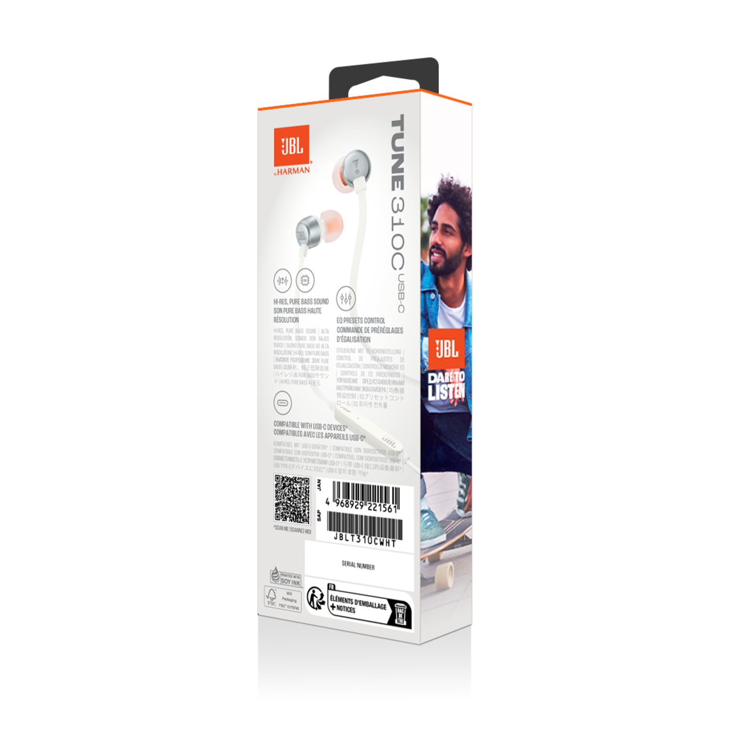Achterkant van een JBL Tune 510C USB-C koptelefoon doos. Toont een mannengezicht en een oordopjes afbeelding.
