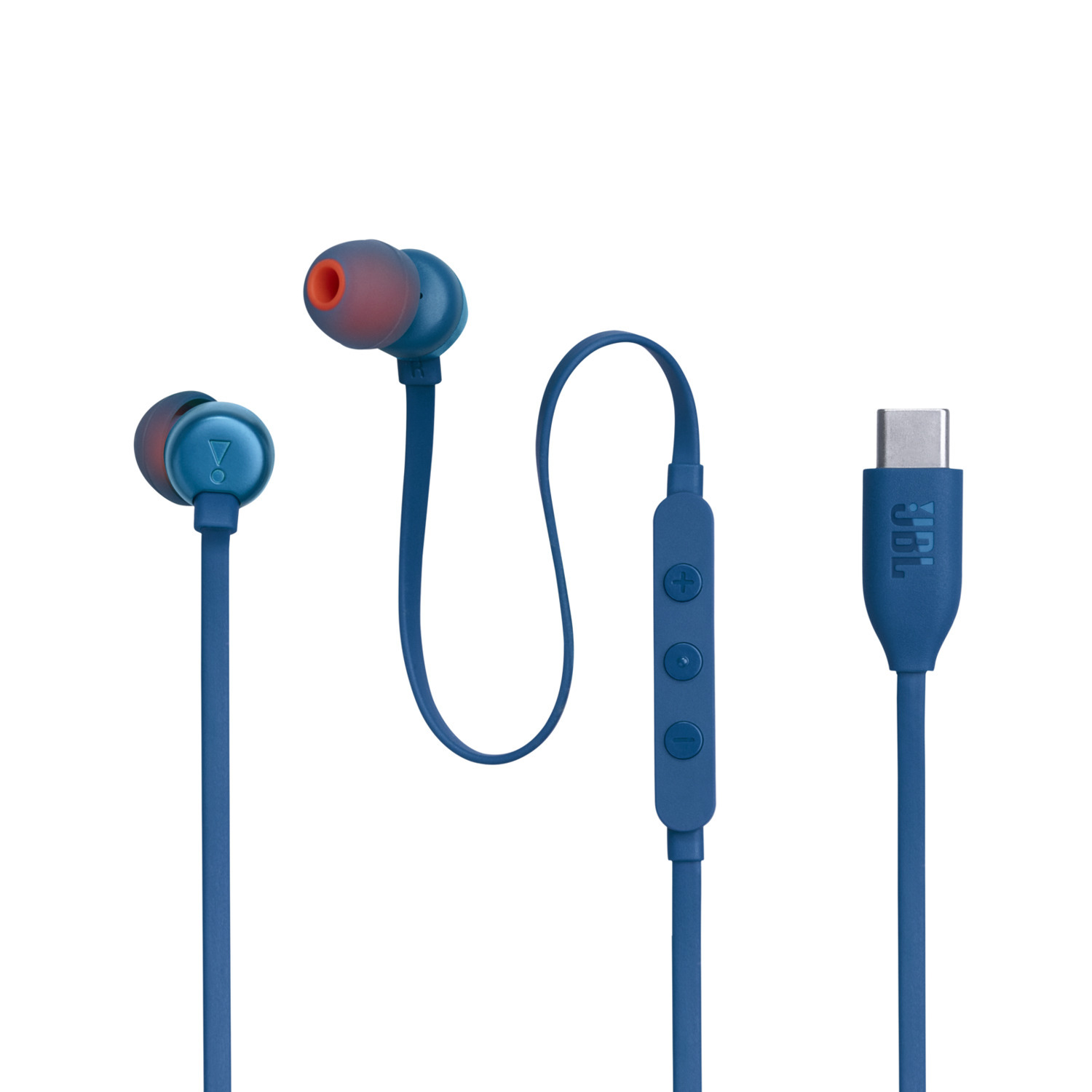 Blauwe JBL bedrade oordopjes met een USB-C-connector.