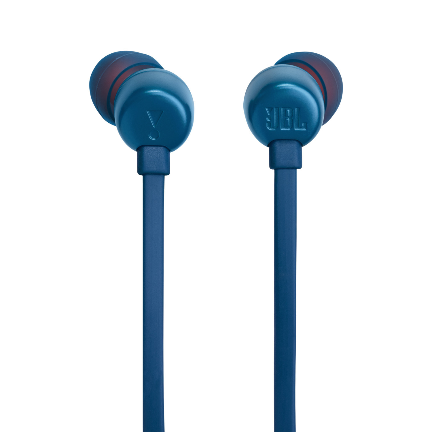 Blauwe JBL oordopjes met een rode accent. De oortips zijn rood. JBL logo op elke dop.