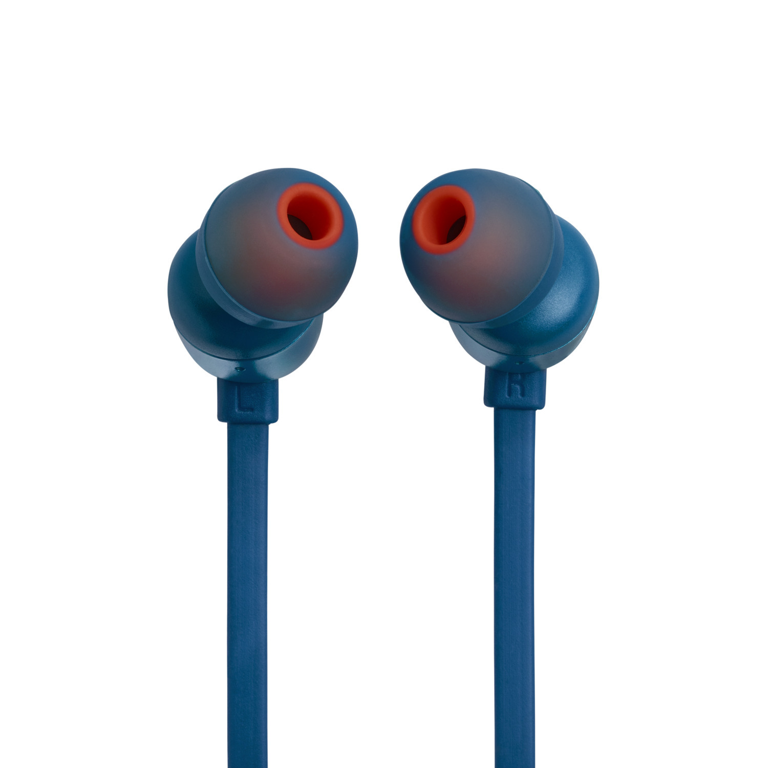 Blauwe JBL oordopjes met oranje oortips. De oordopjes staan tegen een witte achtergrond. Het JBL-logo is zichtbaar.