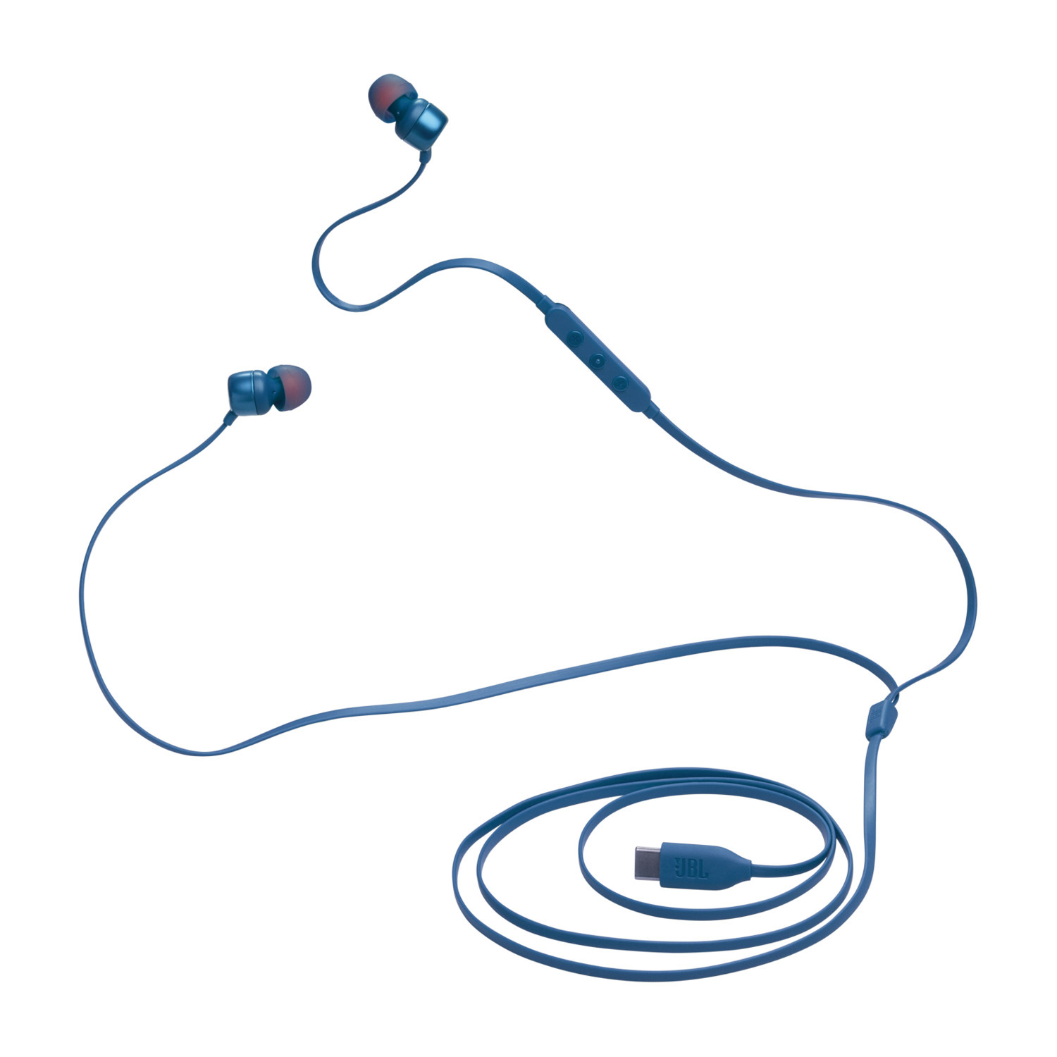 Blauwe JBL bedrade oortelefoons met rode uiteinden. De kabel heeft een bedieningsknop en een USB-C-connector.
