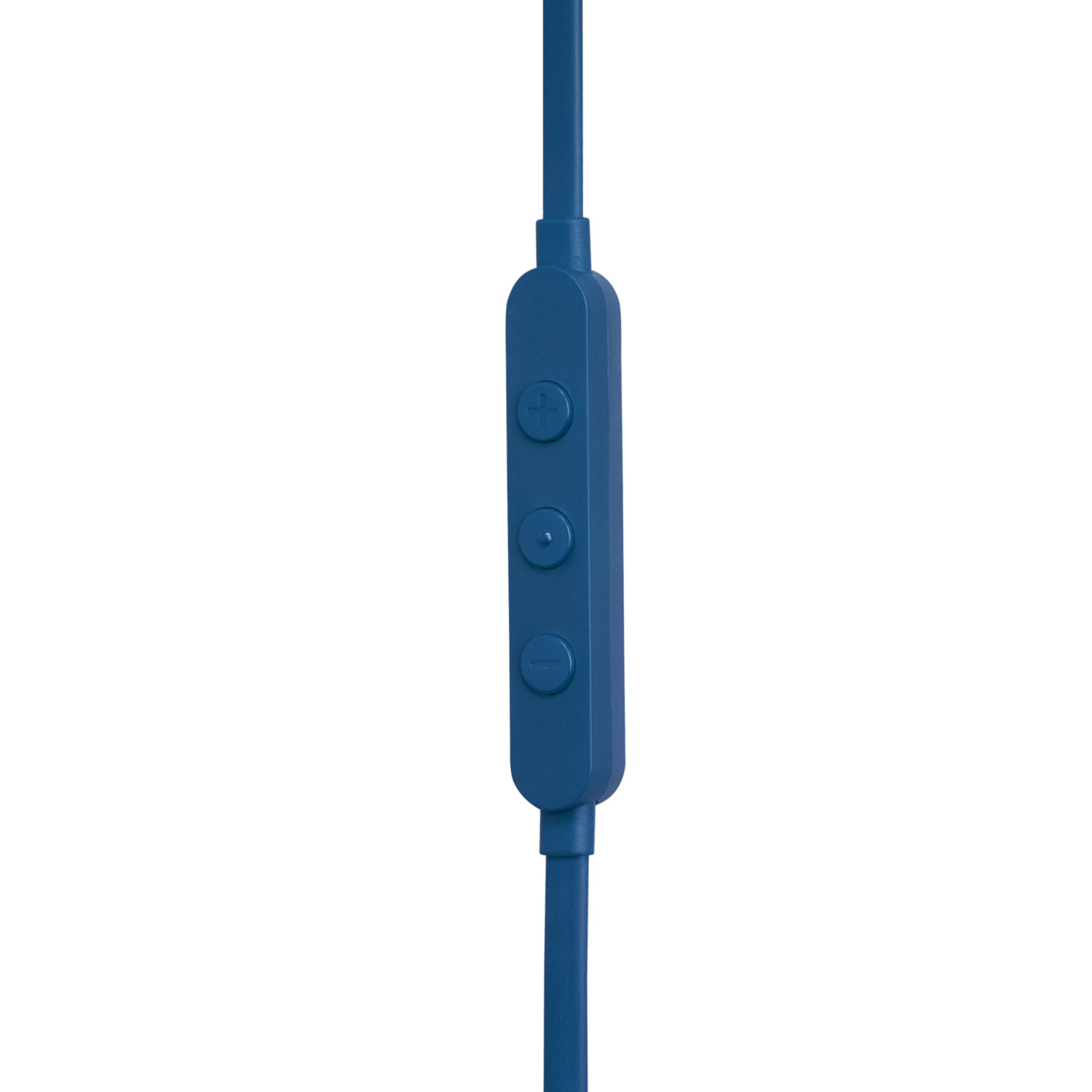 Blauwe in-line bediening voor koptelefoons met drie knoppen, verbonden met een blauwe draad.