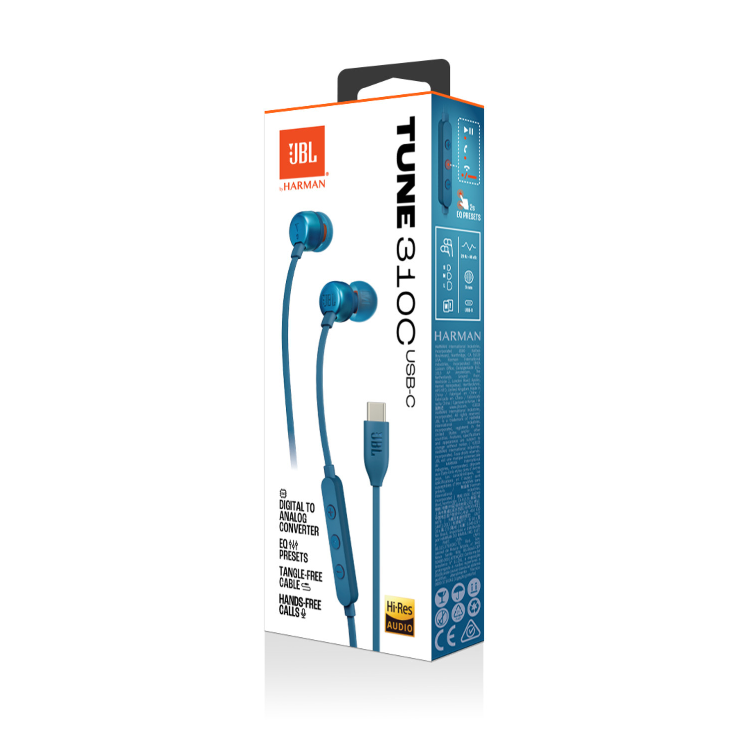 JBL Tune 310C oortelefoons in een doos, met het product en tekst: Digitaal naar analoog converter.