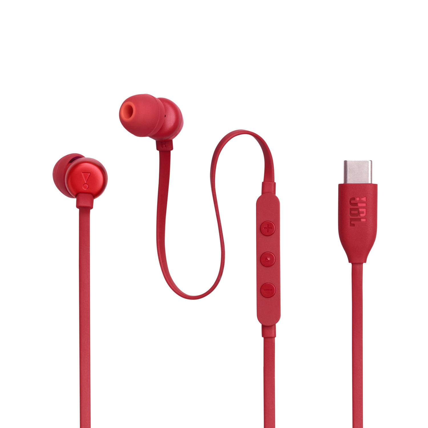 Rode JBL in-ear hoofdtelefoon met oplaadpoort. Drie knoppen op de kabel en een USB-C connector.