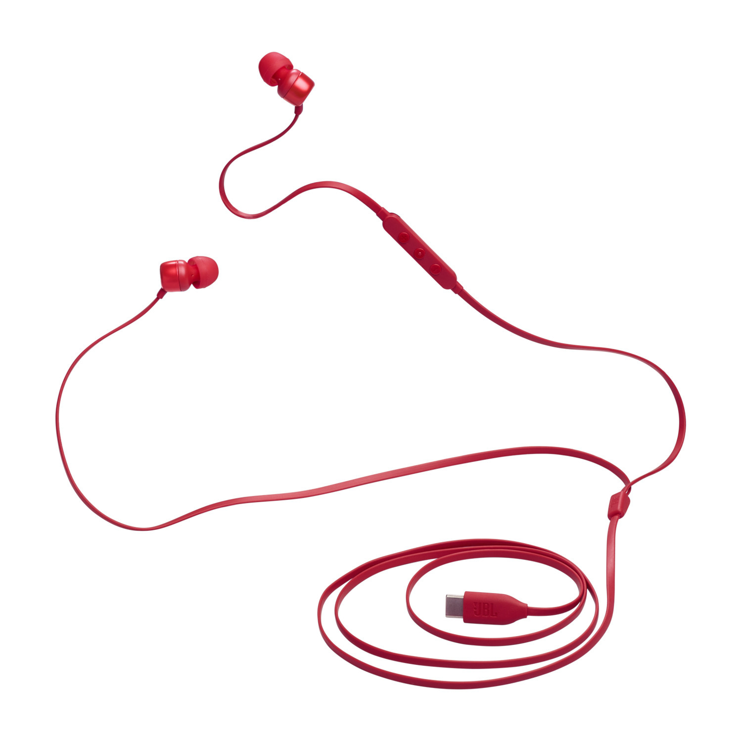 Rode JBL-oortelefoons met een rode draad en een USB-C-connector.