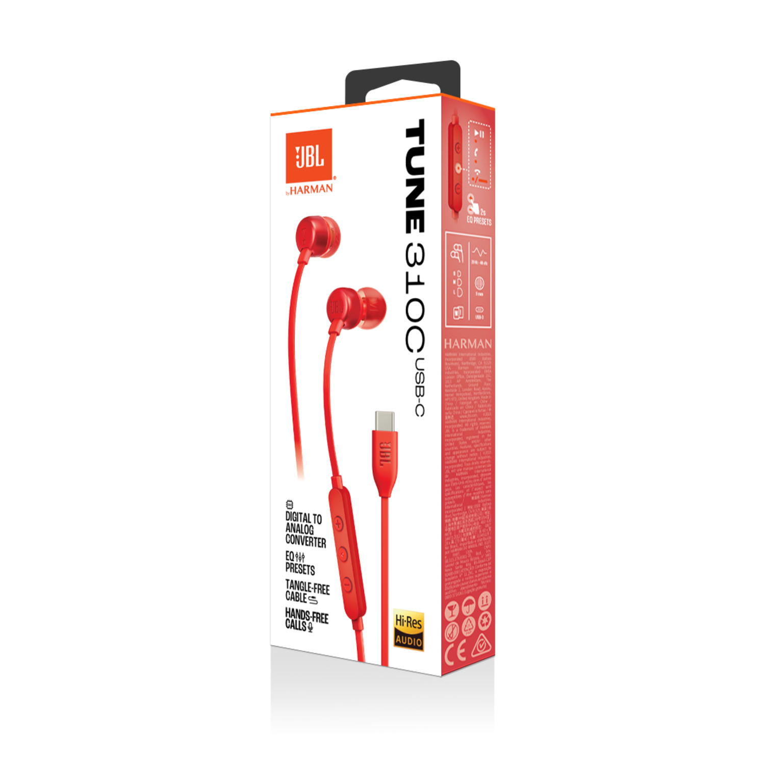 Doos met rode JBL-hoofdtelefoon. De doos is wit en rood, met de hoofdtelefoon zichtbaar.