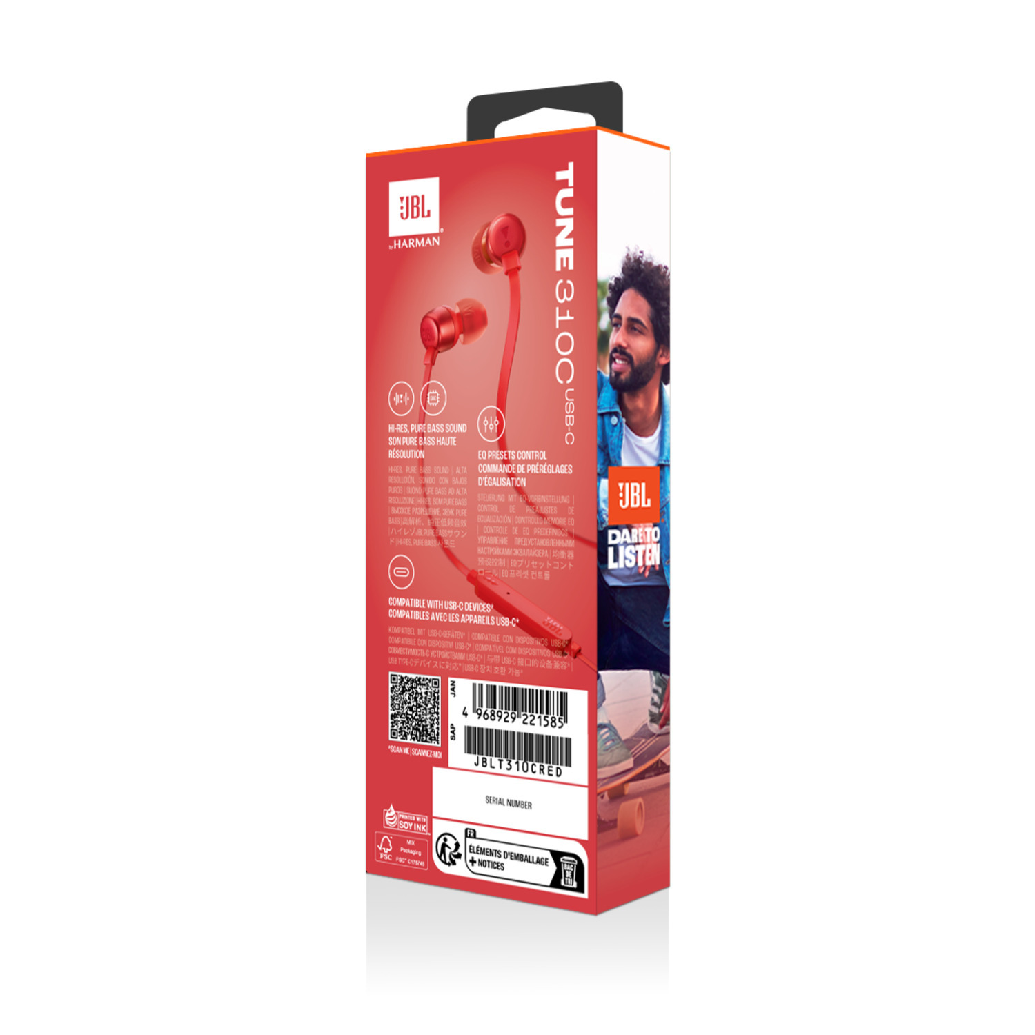 Een doos JBL Tune 110C USB-koptelefoons met een mannengezicht en productdetails.
