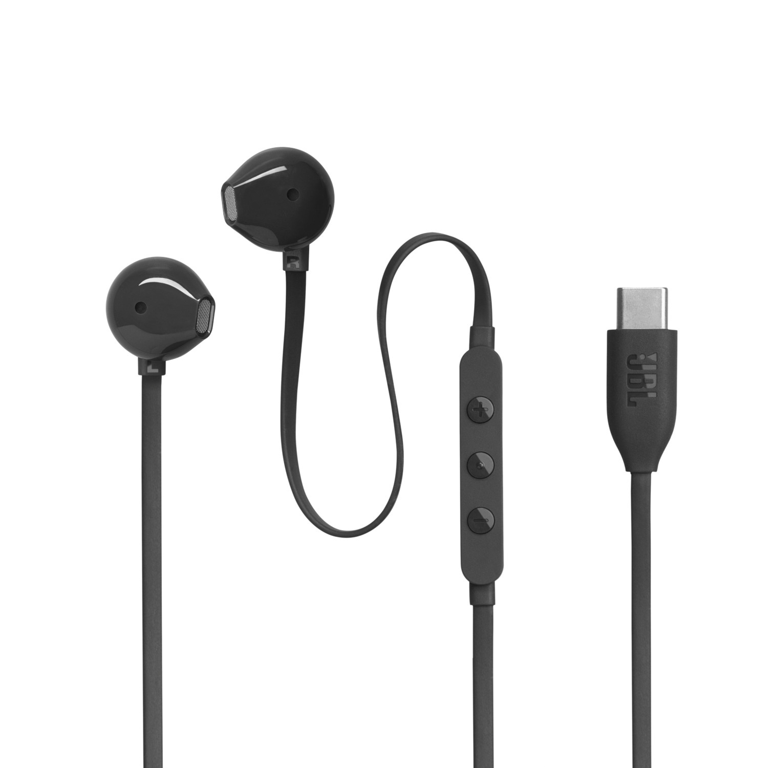 Zwarte JBL oordopjes met verbindingsdraad, bedieningsknoppen en een USB-C connector.