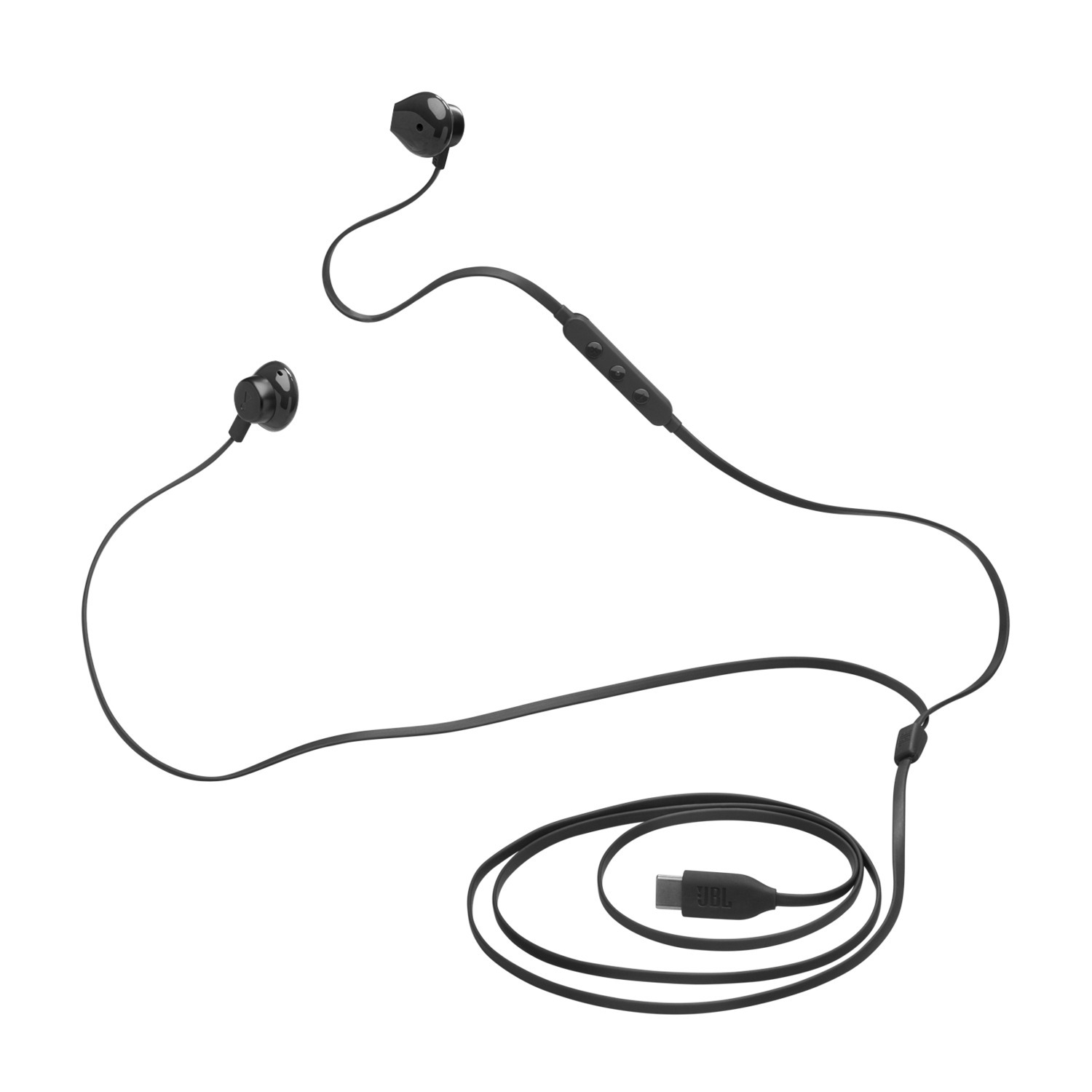 Zwarte bedrade oordopjes met een bediening en usb-c connector.