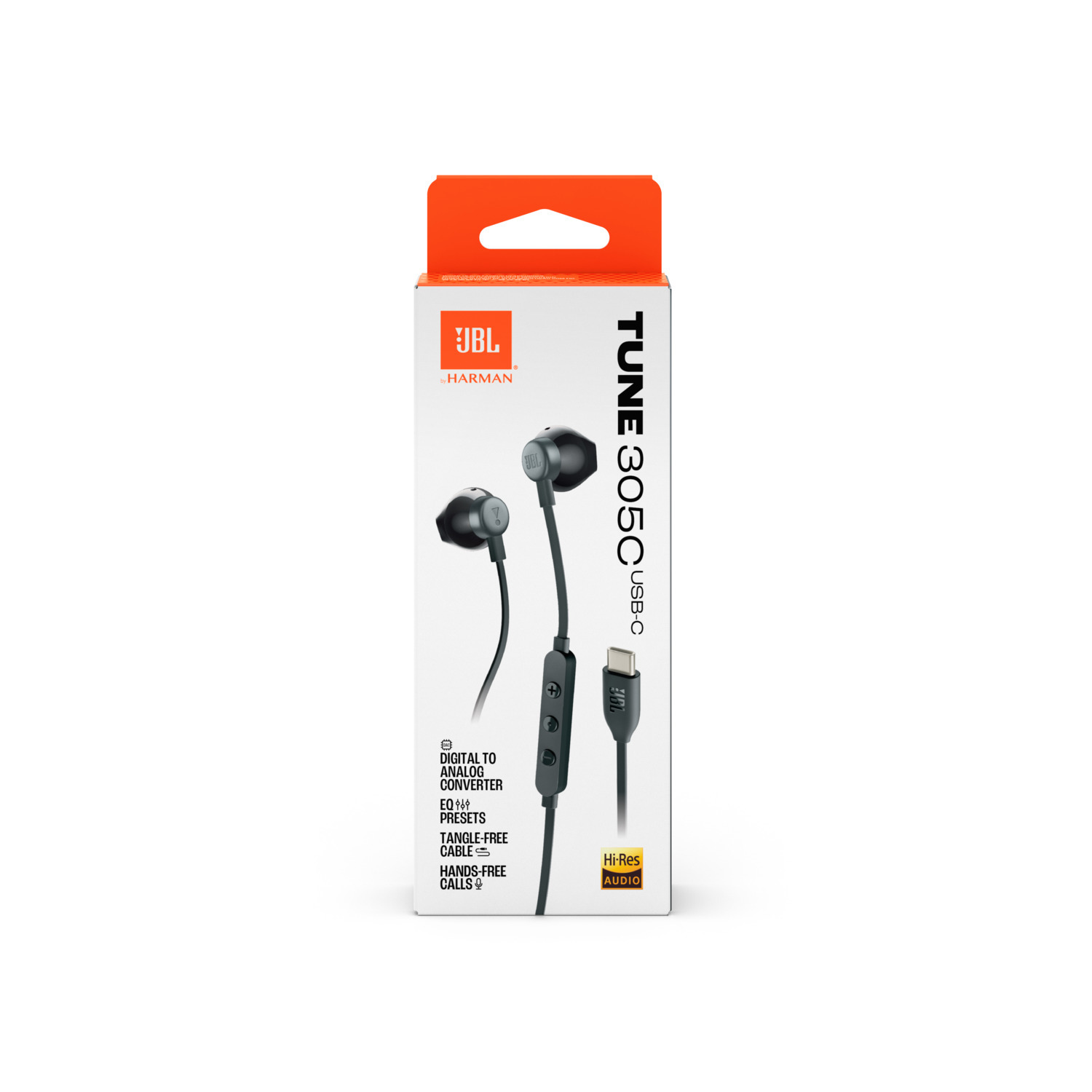 Een doosje JBL Tune 305C USB-C oortelefoons met zwarte oordopjes en een kabel.