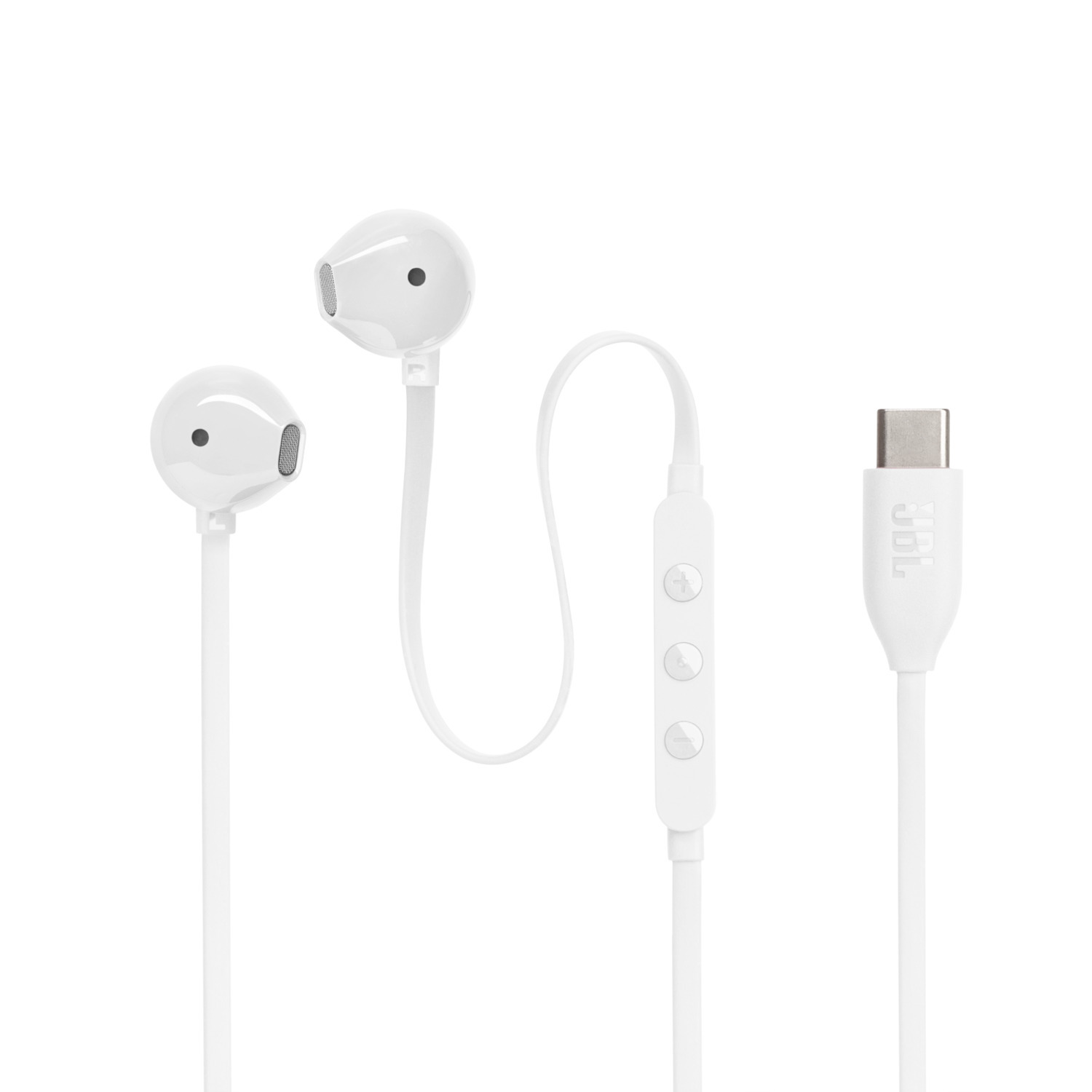 Witte JBL oortelefoons, verbonden met een witte bediening en USB-C.