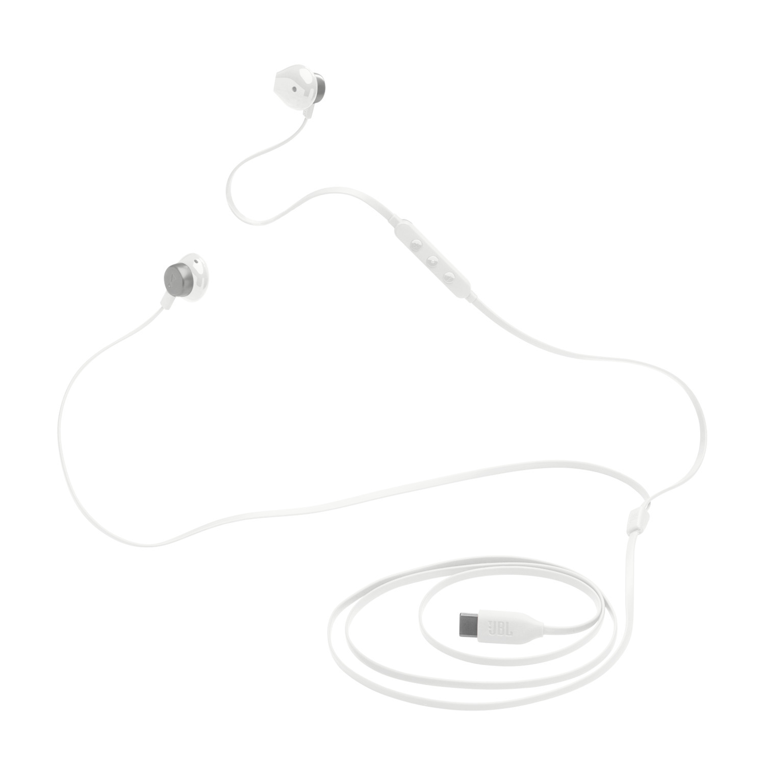 Witte bedrade oortelefoons met inline bediening en een USB-C-connector. Eenvoudig ontwerp.