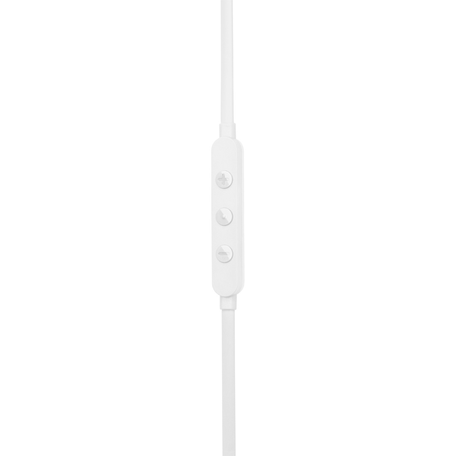 Witte in-line bediening met drie knoppen voor hoofdtelefoons, op een witte kabel.
