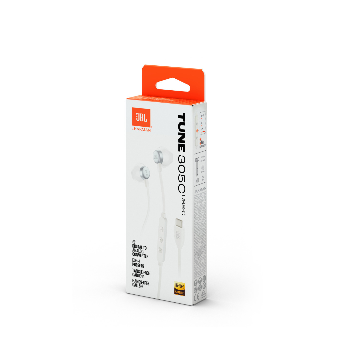 JBL Tune 305C USB-C oortjes doos, witte oortjes en informatie over het product.