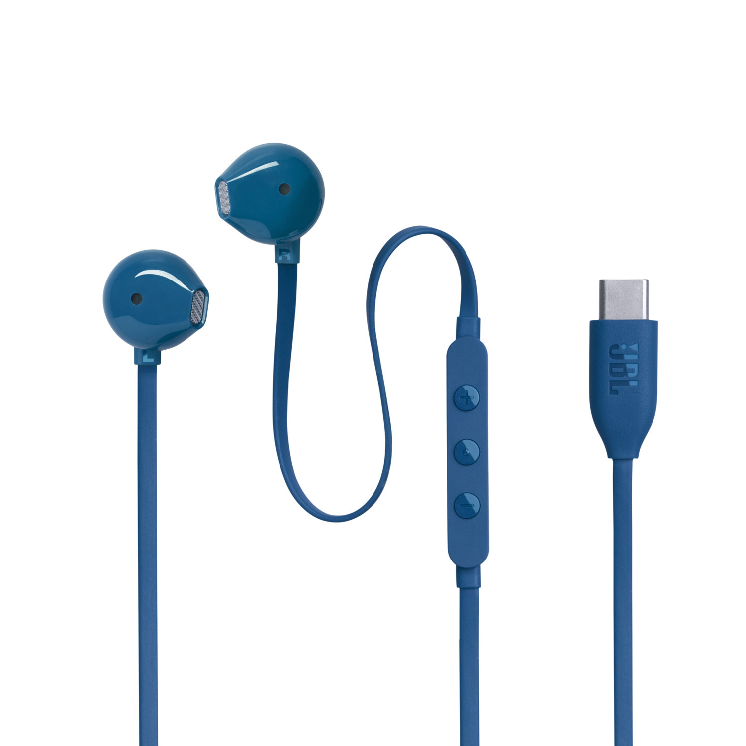 Blauwe JBL in-ear oortelefoons met een USB-C-connector en bedieningsknoppen op de kabel.
