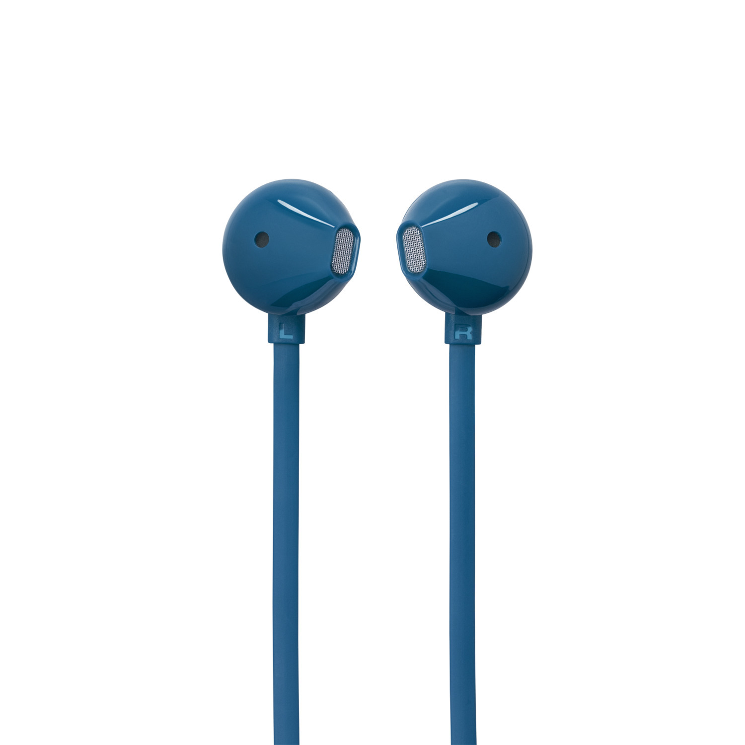 Twee blauwe JBL oordopjes close-up op witte achtergrond.