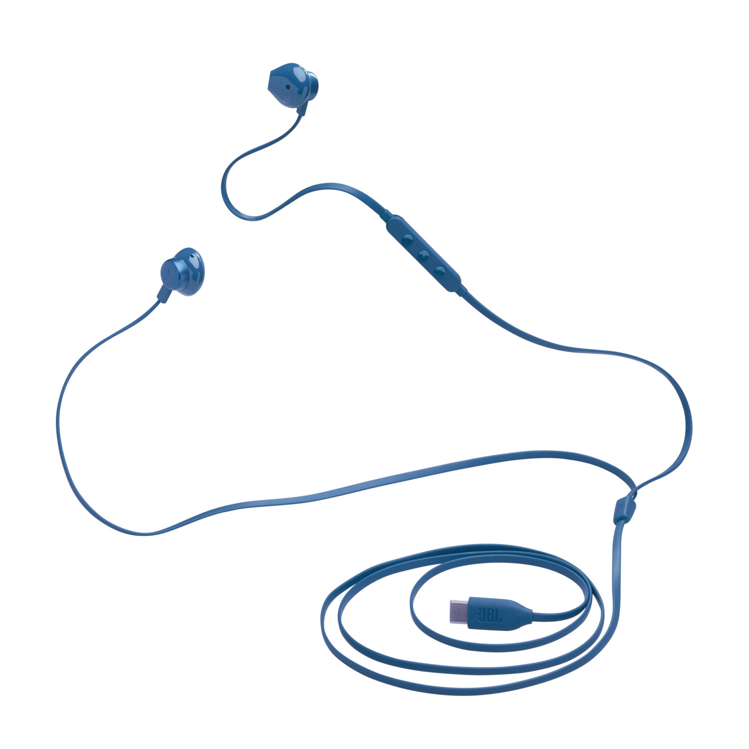 Blauwe bedrade oortelefoons met een USB-C-connector.