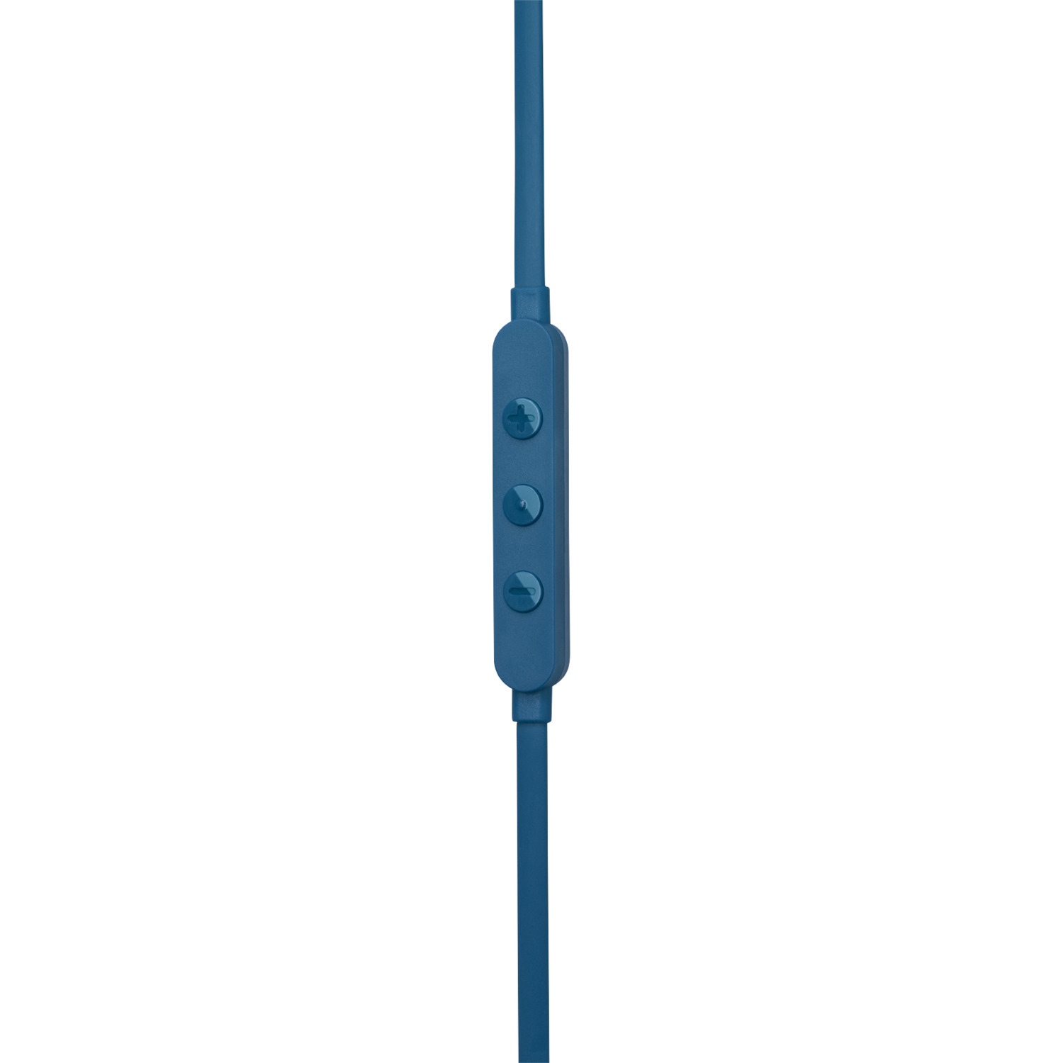 Een close-up van een blauwe in-ear hoofdtelefoonkabel met drie knoppen.
