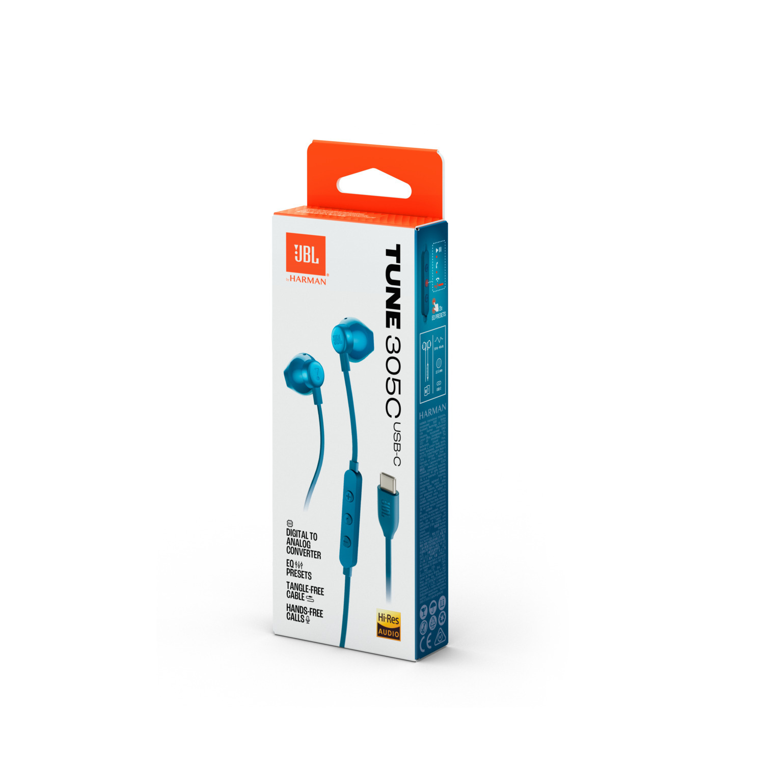 JBL Tune 305C-koptelefoon in een doos. De doos is wit en oranje, met een USB-C-kabel.