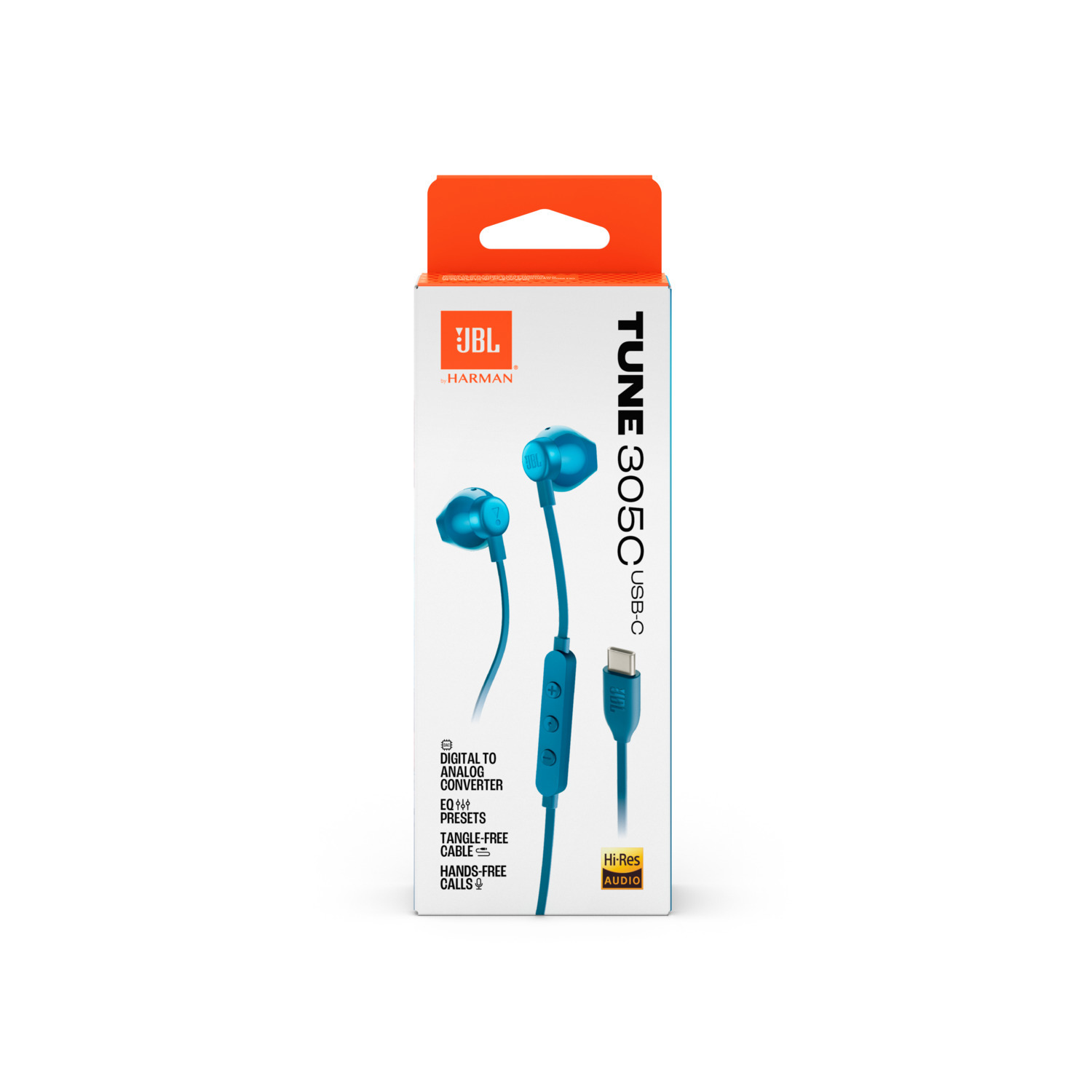 Blauwe JBL-hoofdtelefoon in doos. De doos is oranje en wit met productdetails.