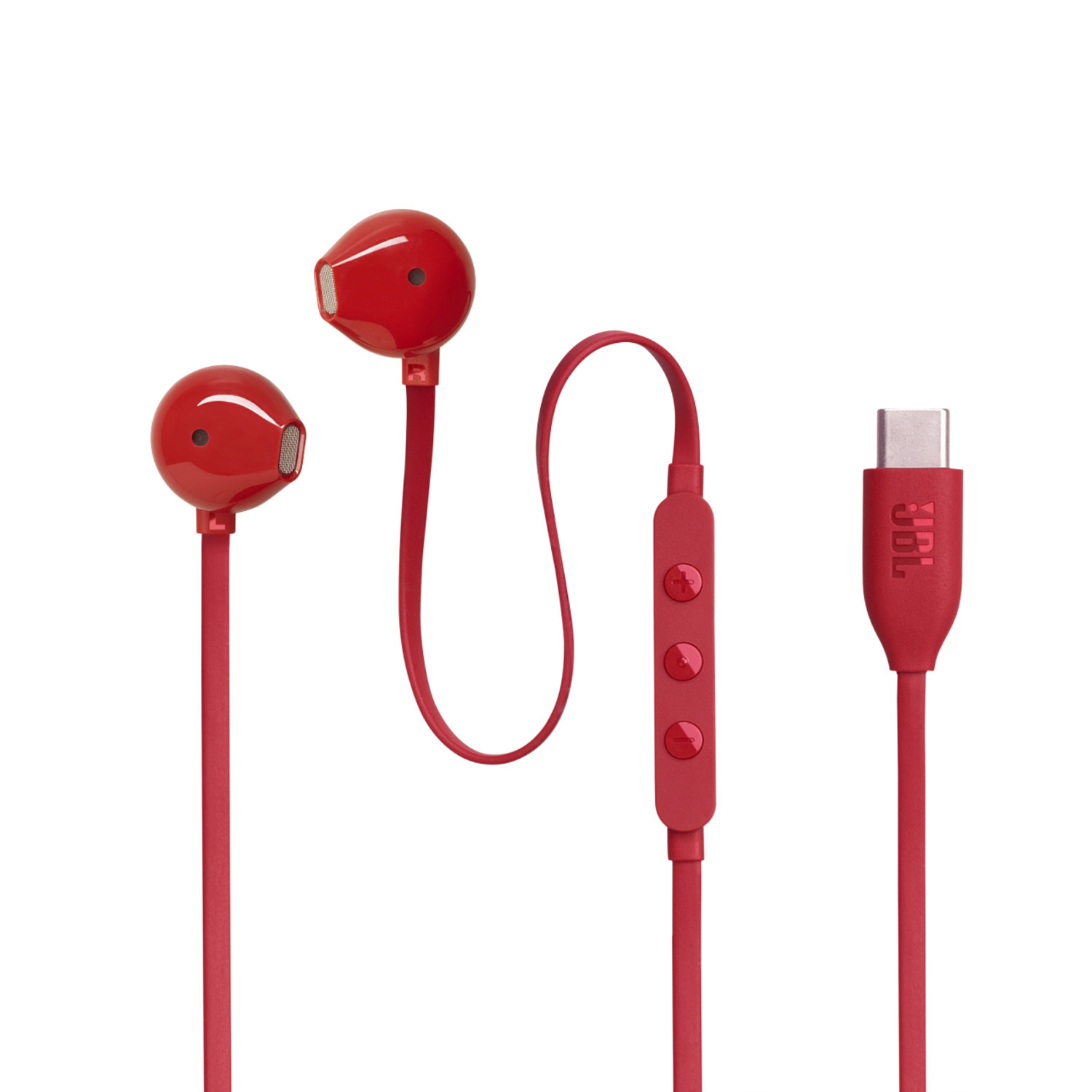 Rode bedrade oordopjes met rode bedieningsknoppen en een USB-C-connector.