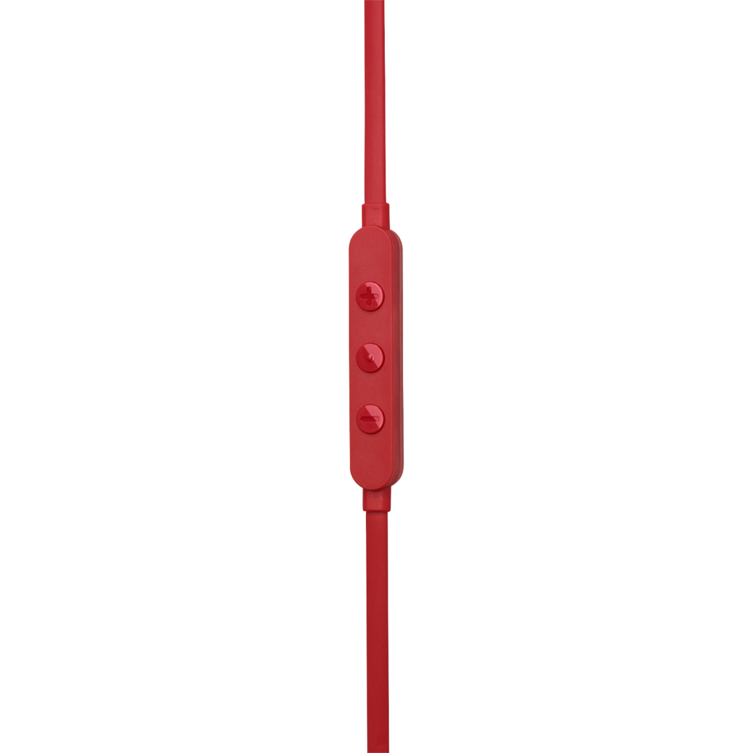 Rode in-line afstandsbedieningsknoppen op een kabel. Drie knoppen zichtbaar op witte achtergrond.
