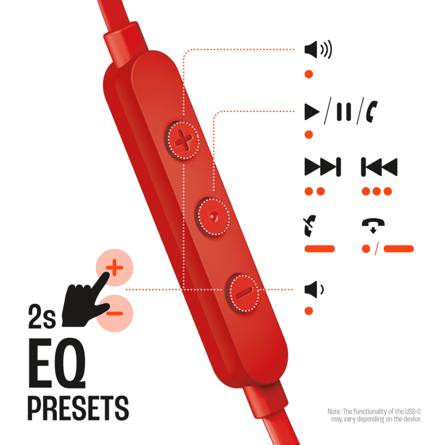 Een rood bedieningspaneel met EQ-voorinstellingen en multimediaknoppen, met tekst en pictogrammen.