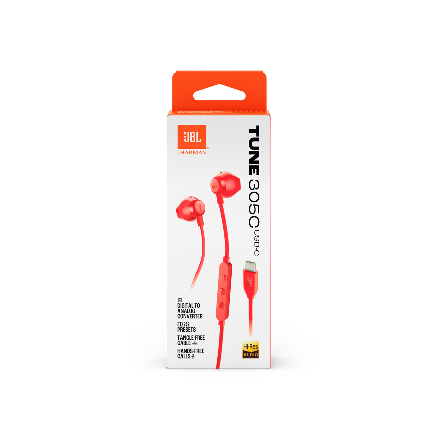 Rode JBL Tune 305C USB-C oortelefoons in verpakking. Witte achtergrond met productinfo.
