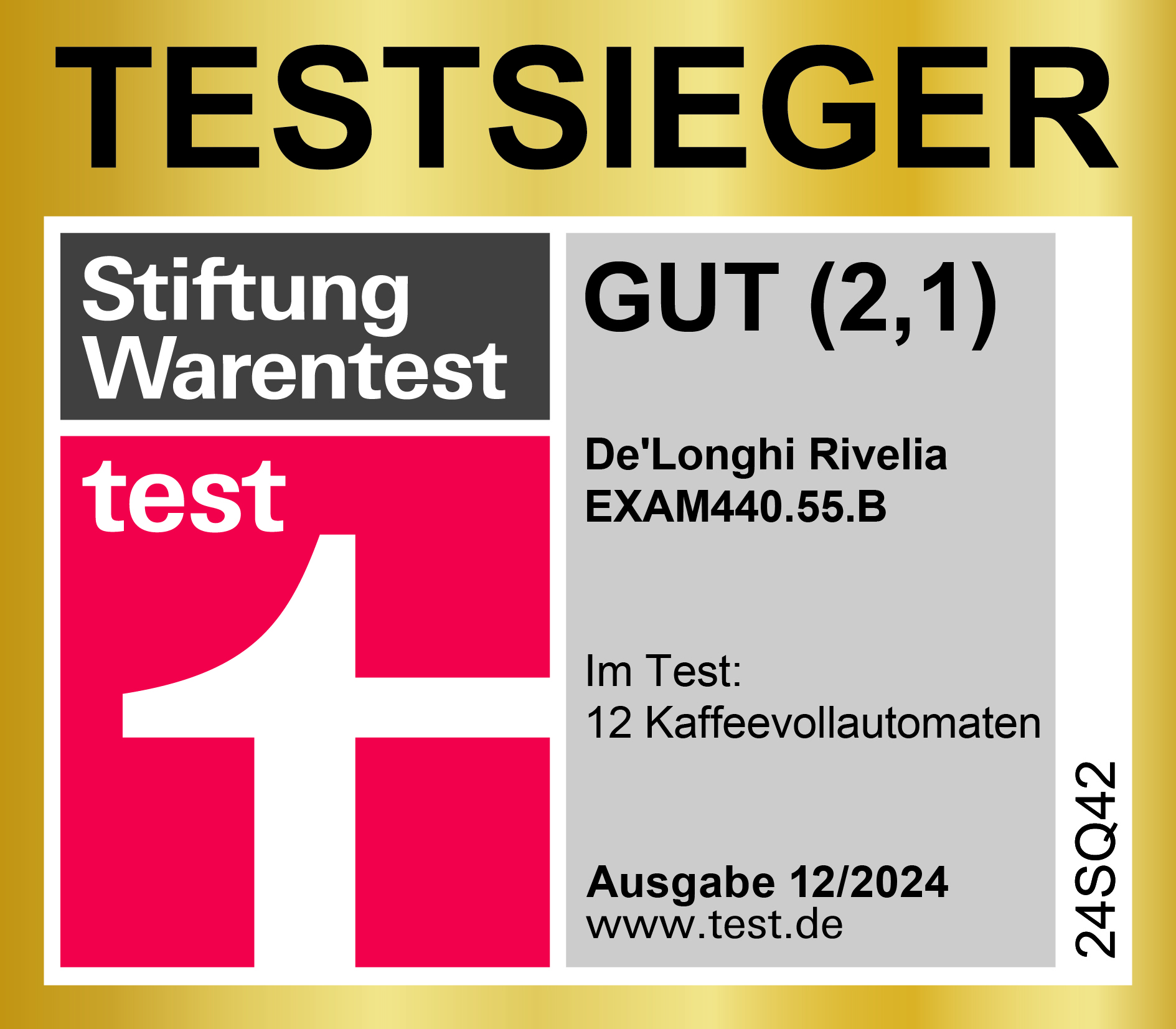 Stiftung Warentest. Testsieger: De'Longhi Rivelia EXAM440.55.B. Note: Gut (2,1).