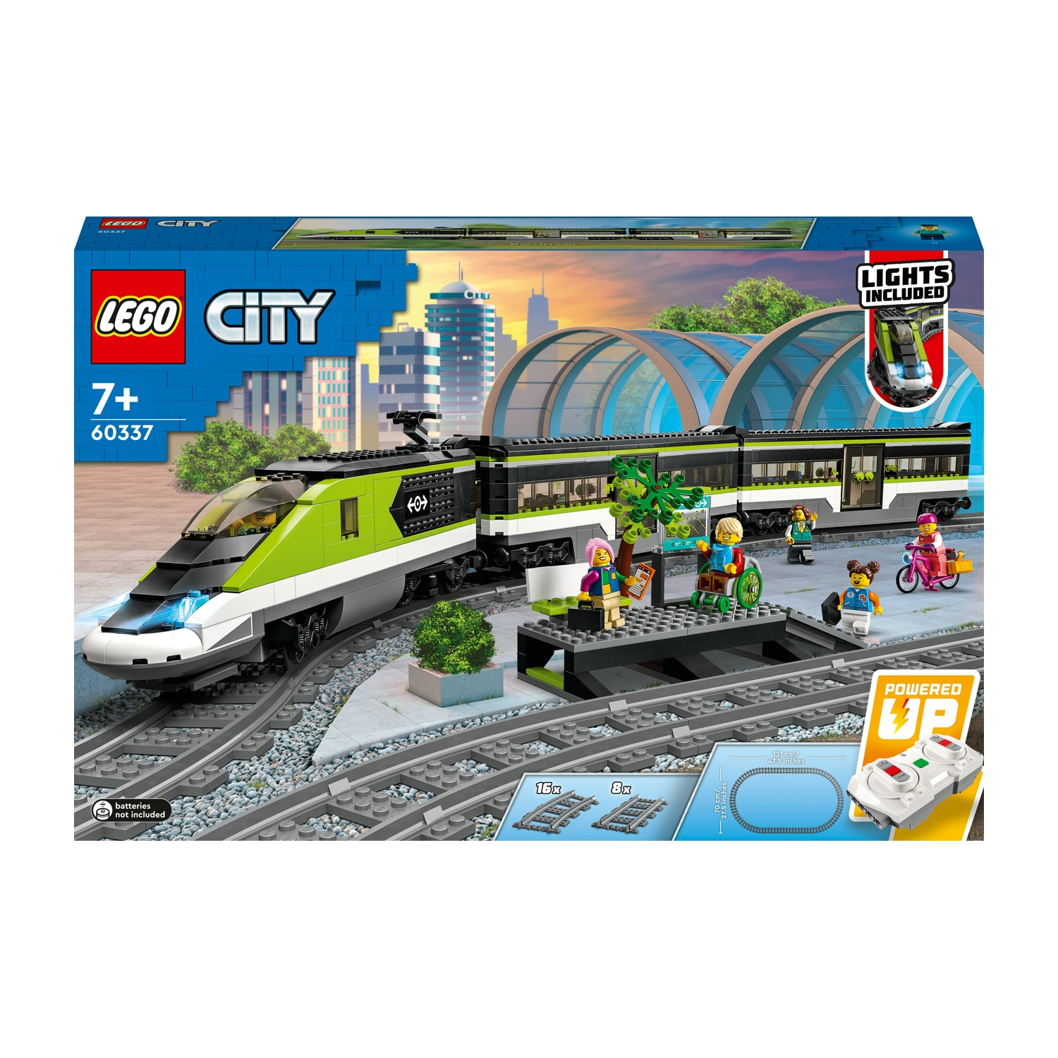 Un set di treni Lego City con un treno, binari e personaggi, in una scatola.