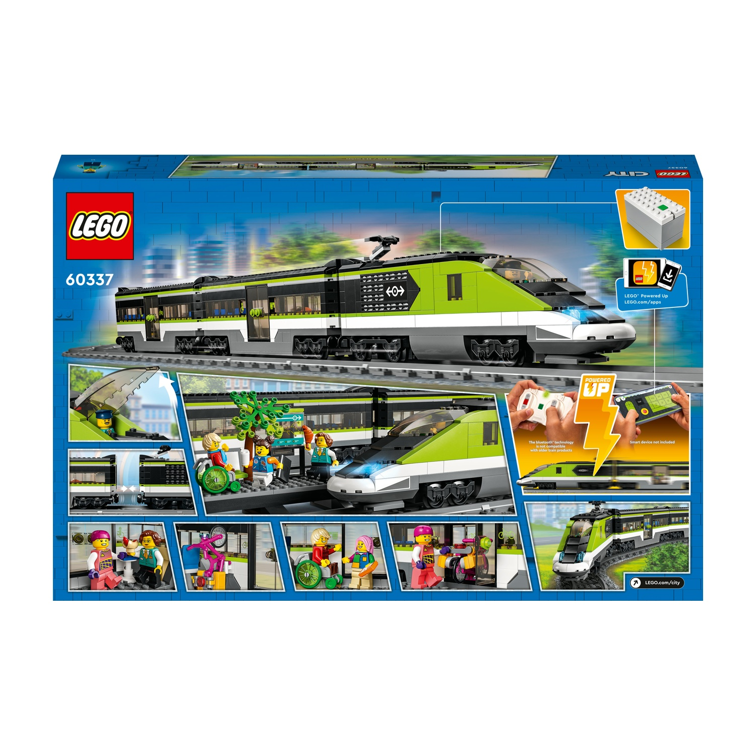 Retro della scatola del treno Lego. Treno verde e grigio in pista. Persone e parti del treno.